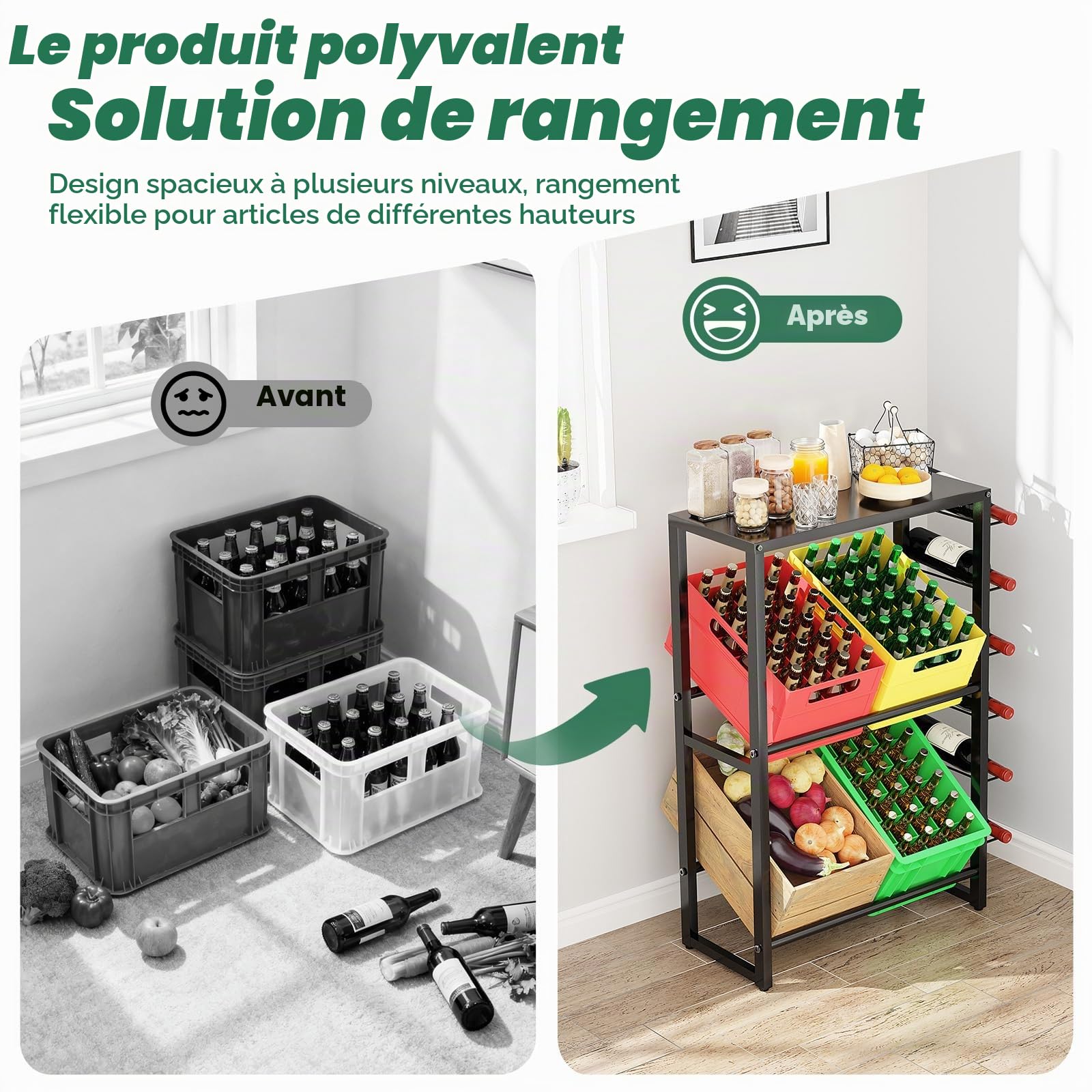 Étagère à 4 caisses à boissons, capacité de charge 400 kg, étagère en métal, étagère à boissons, étagère pour caisses à bière, étagère de rangement, moderne et sobre