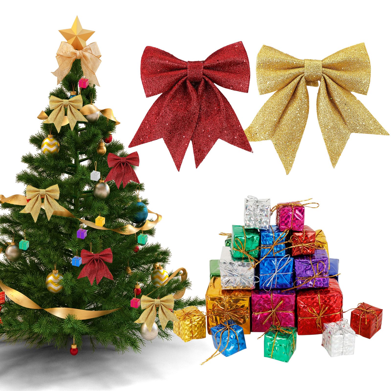 Dadabig 36 Piezas Cajas de Regalo para Decoración de Árbol de Navidad, 8 Lazos de Navidad con Purpurina, Color Dorado y Rojo, Mini Adornos para Navidad, Corona de Navidad Macetas, Adornos Navideños
