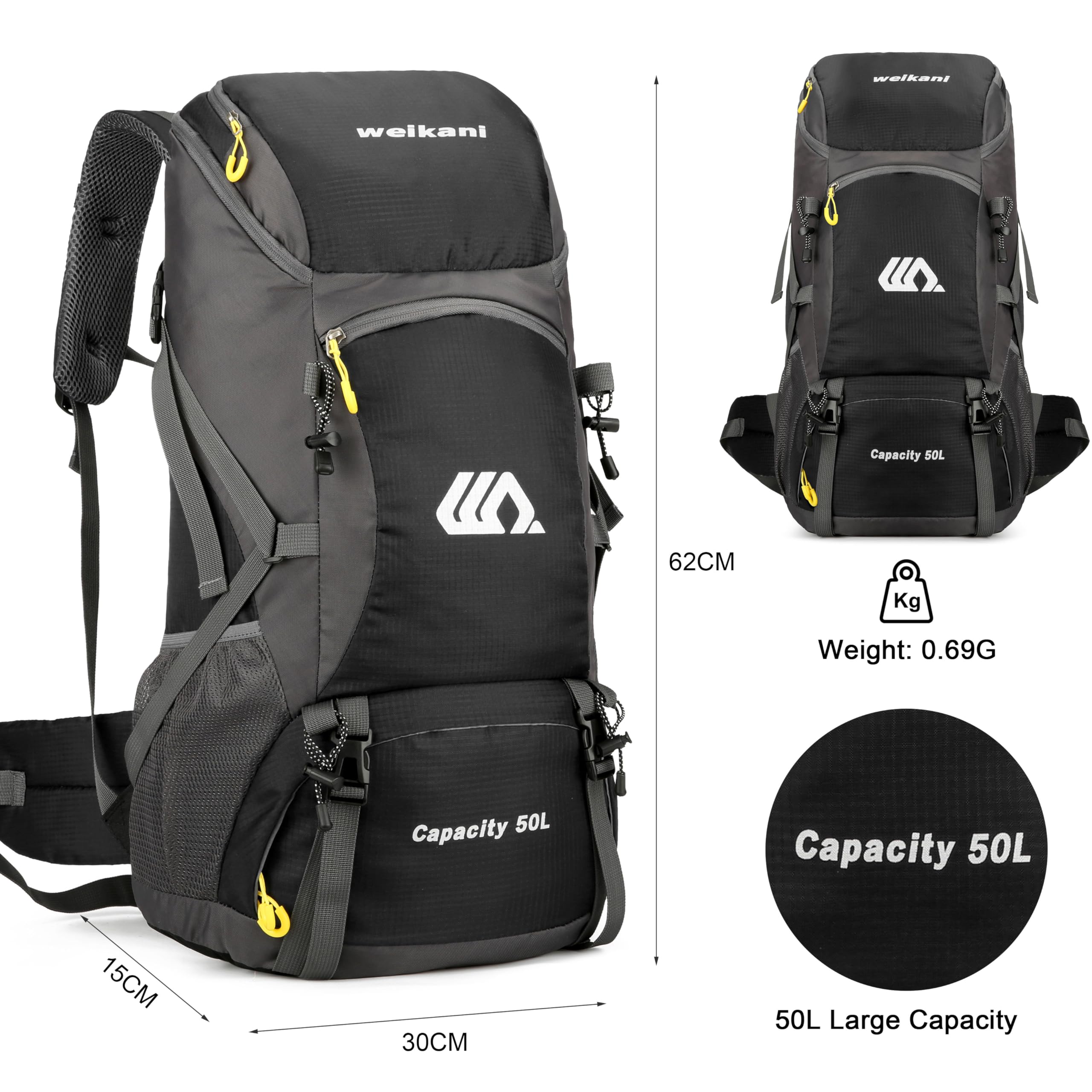 Mochila de Senderismo 50L, Ligera Impermeable Mochilas Trekking Viaje Con Cubierta De Lluvia Mochila Deportiva Al Aire Libre Para Escalada Acampar Turismo Hombre Mujer
