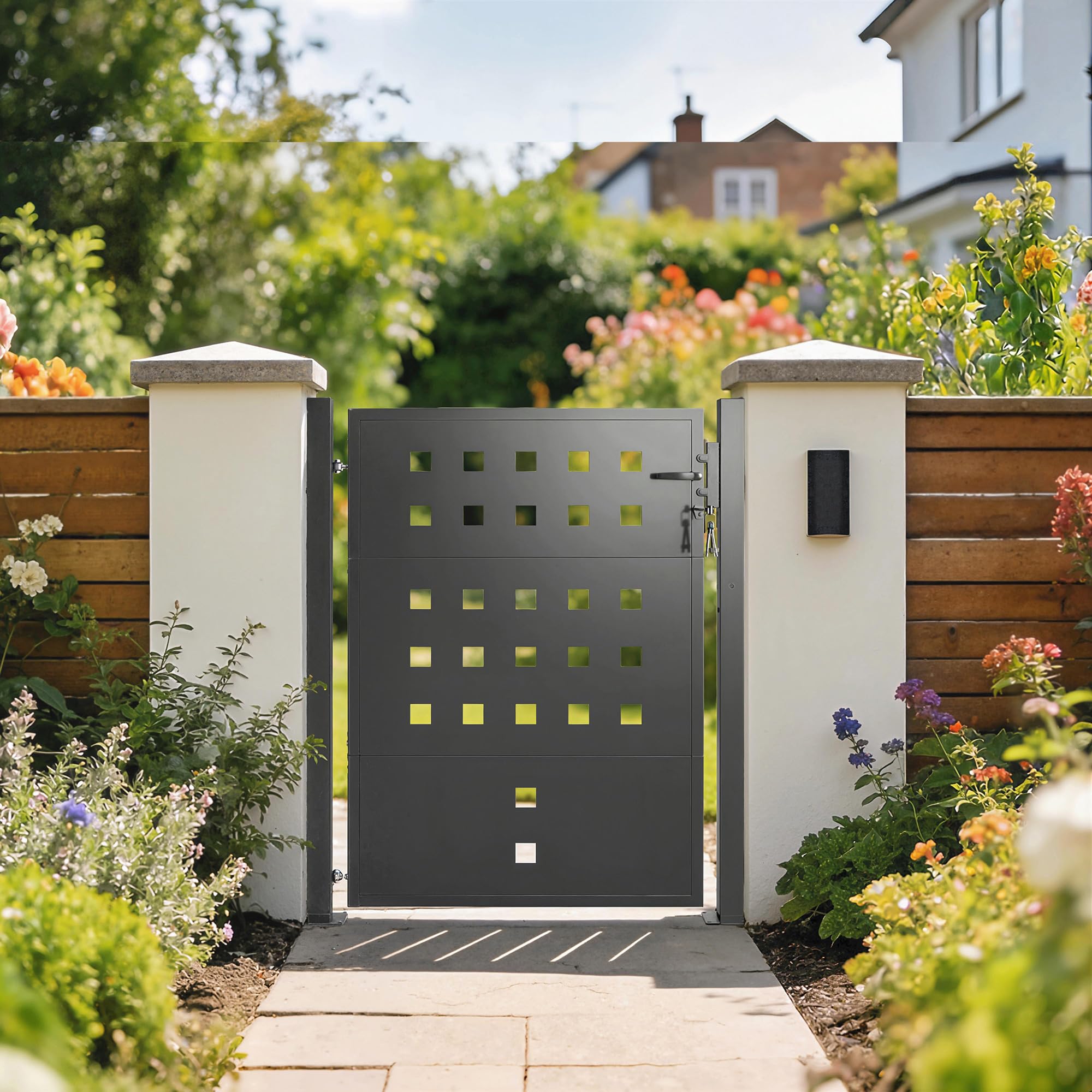 Outsunny Cancello da giardino in acciaio zincato, porta da giardino con maniglia, serratura a 3 chiavi con serratura, 105 x 130 cm, cancello da giardino per recinzione, grigio scuro