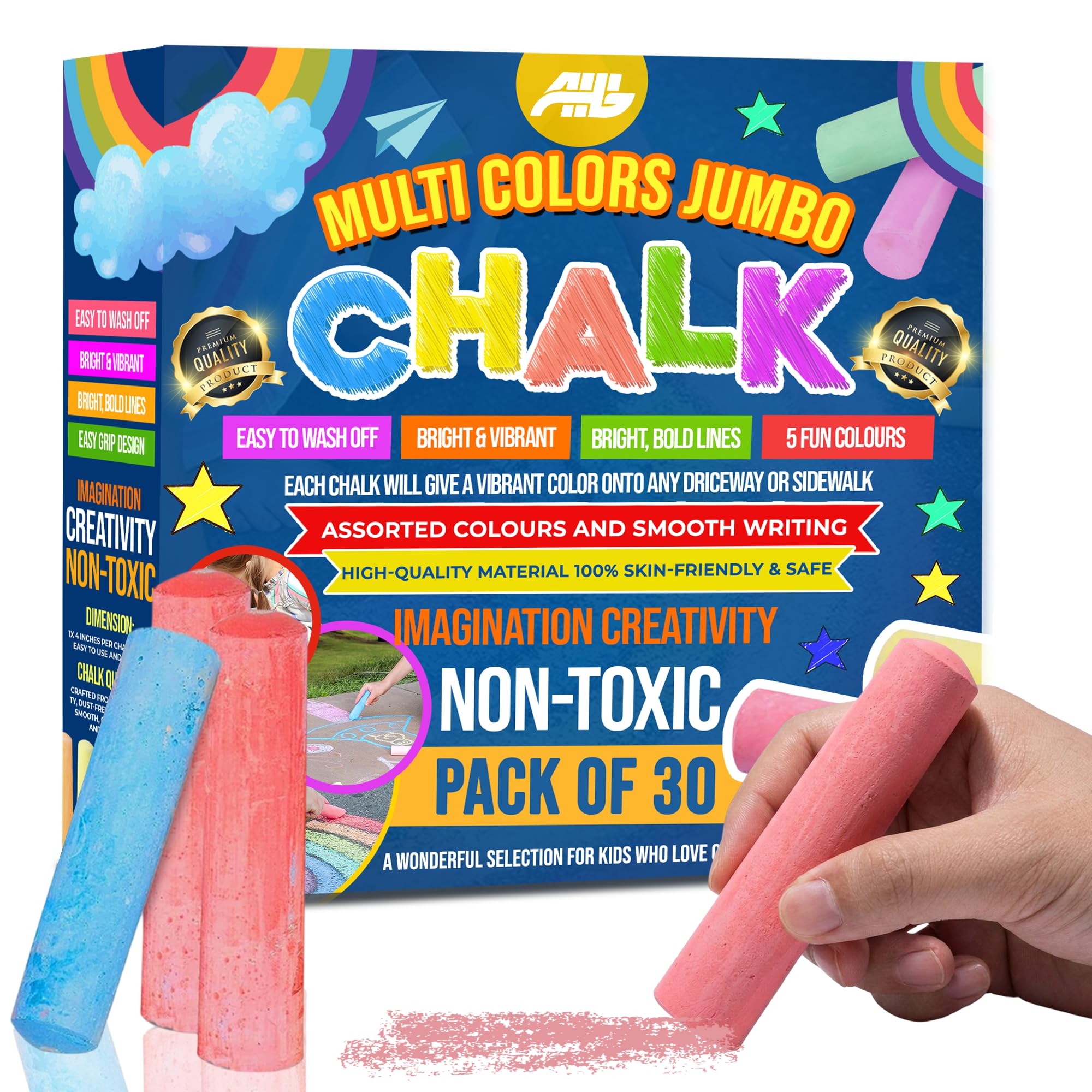 AHG 30 Jumbo Chalks for Kids – Giant Chunky Pavement Chalk Set – Washable Colourful Sidewalk Chalk for Outdoor Drawing, Garden Play, Driveway Art, Hopscotch & Creative Activities – Safe & Non-Toxic