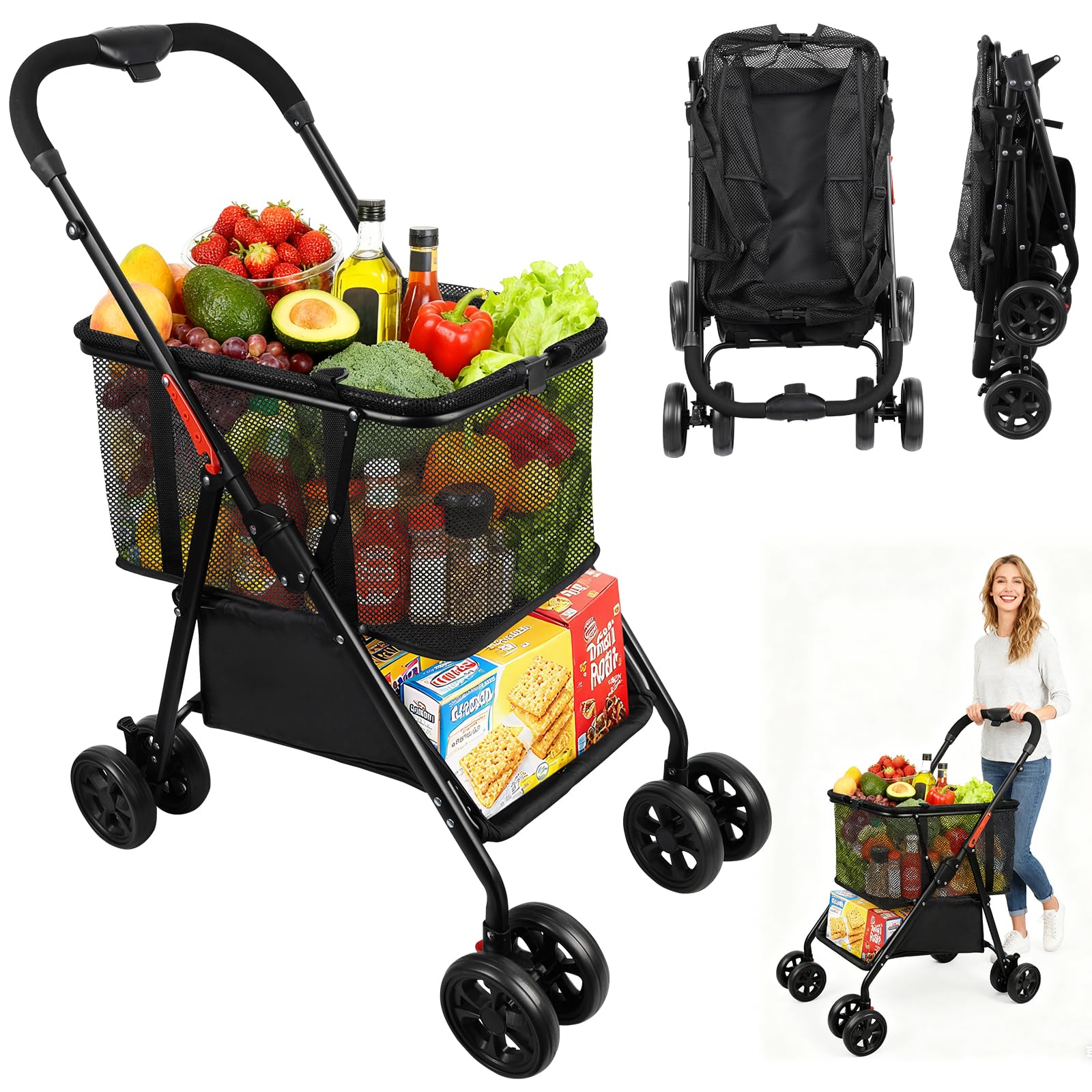 Folding Shopping Trolley with 2-Tier Storage & 360° Wheels