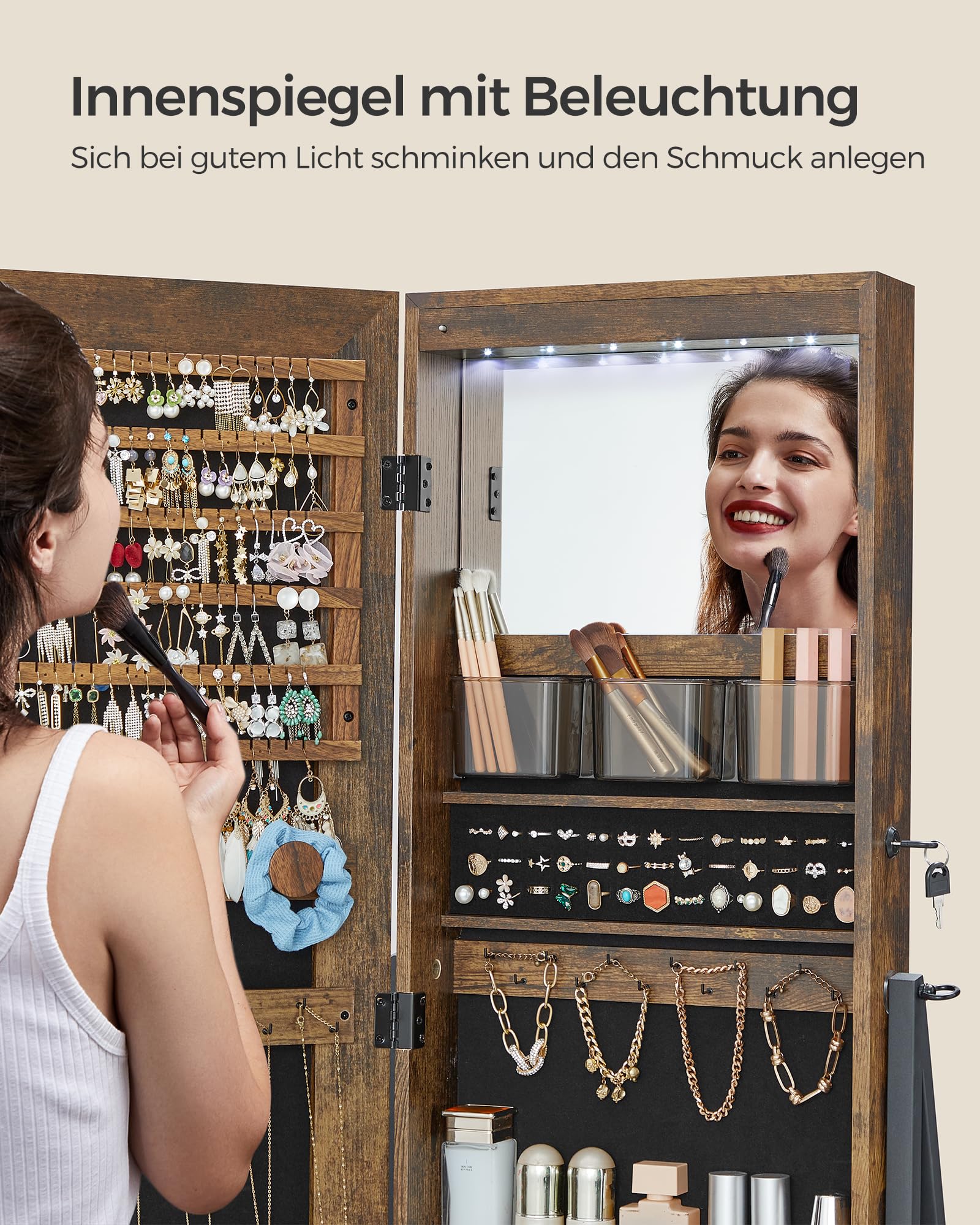 SONGMICS Schmuckschrank mit LED-Beleuchtung, Spiegelschrank abschließbar, Ganzkörperspiegel, platzsparend, Schmuck-Organizer, mit Schubladen, Ablagen, Geschenkidee, vintagebraun JJC025X01