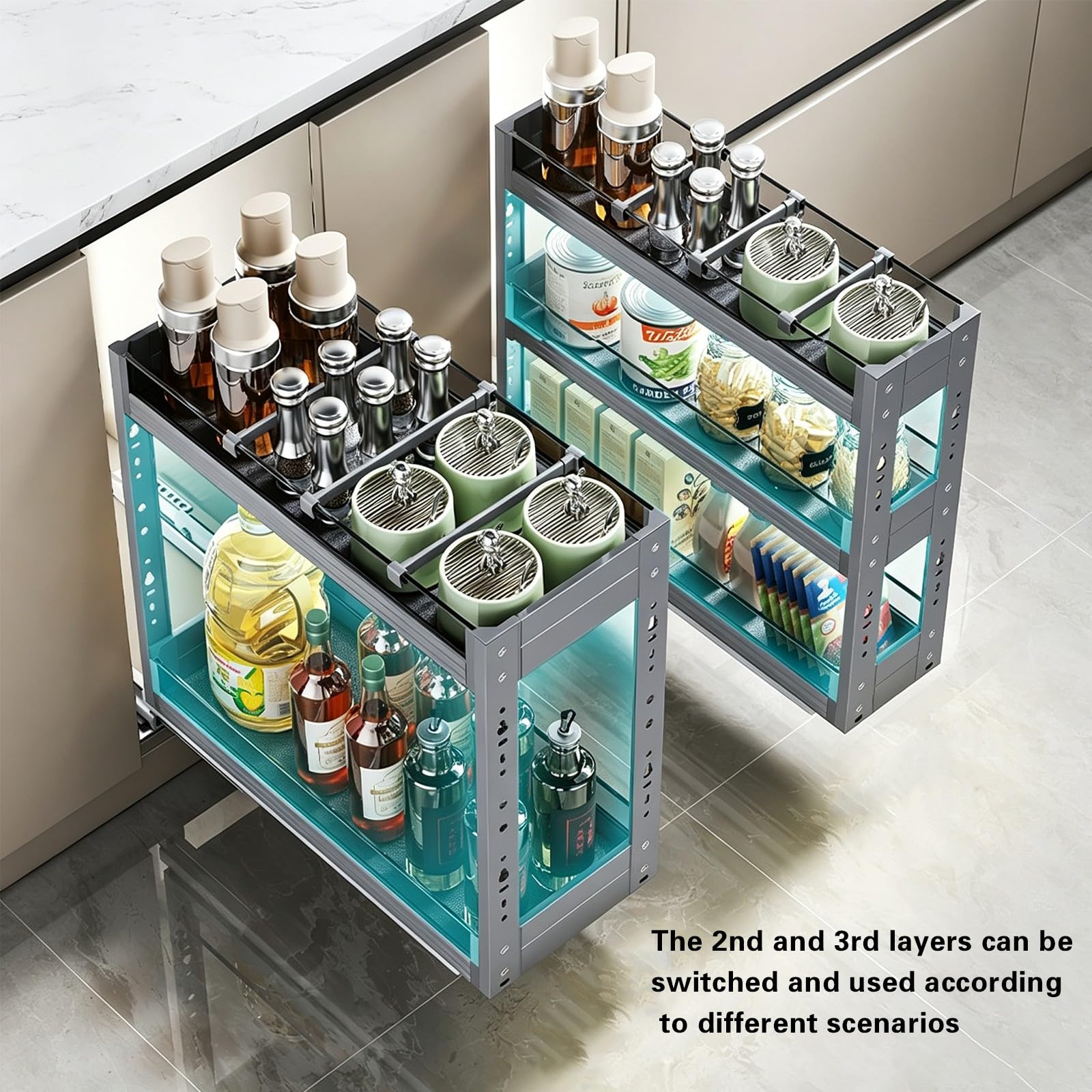 Organizzatore per armadietti stretti a 3 ripiani estraibili, porta spezie scorrevole in metallo resistente, ripiano porta spezie per dispensa, bagno e casa 200