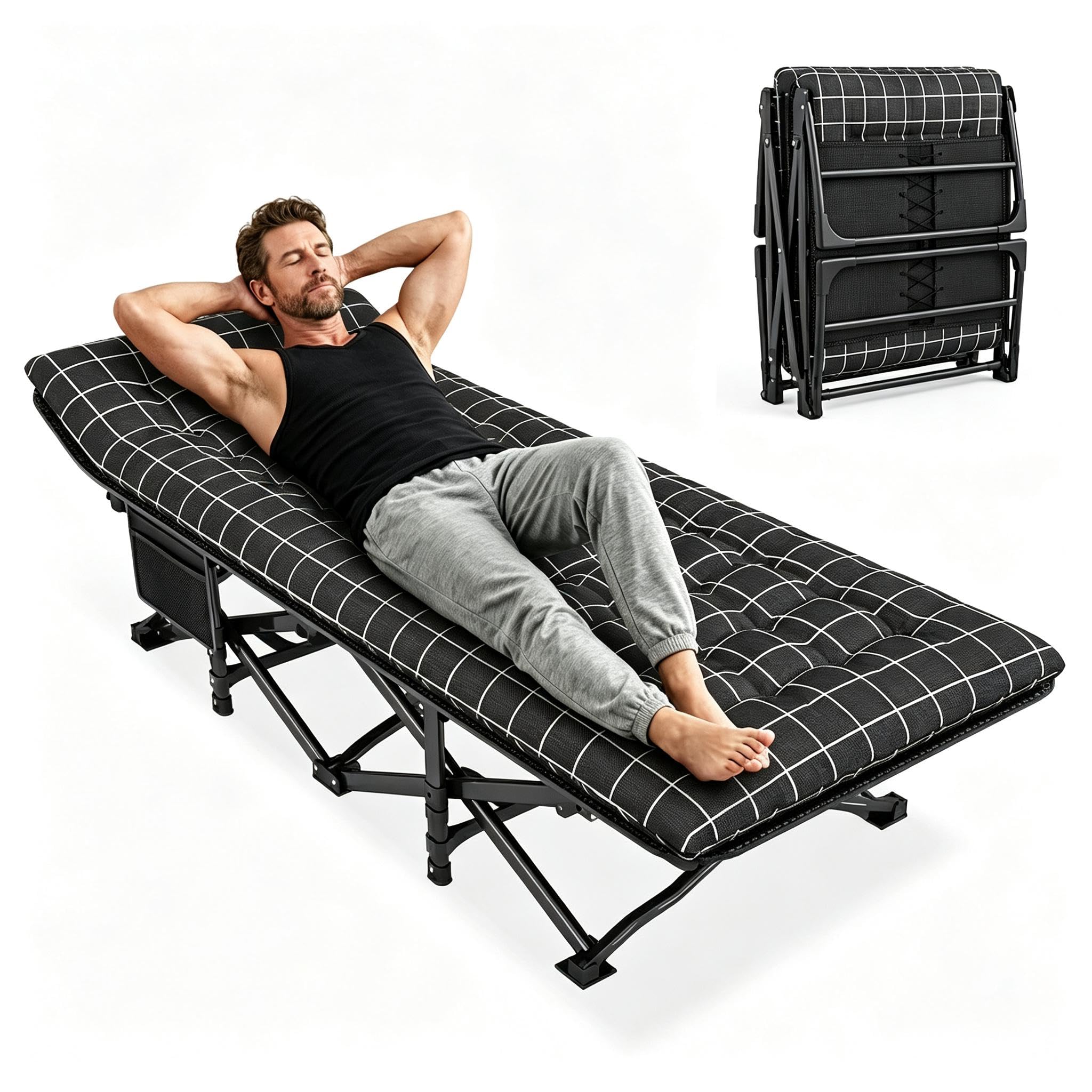 Folding Camping Cot with Crystal Velvet Pad, Stylish Checkered Camp Bed