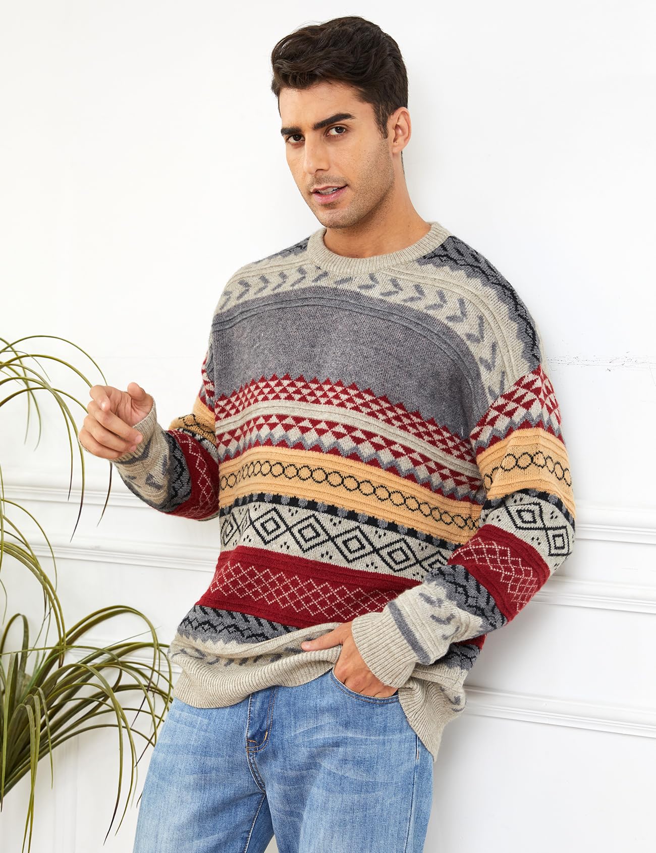 Rxozrxoz Herren Herbst Winter Vintage Gestreifter Pullover Übergröße Langarm Casual Pullover