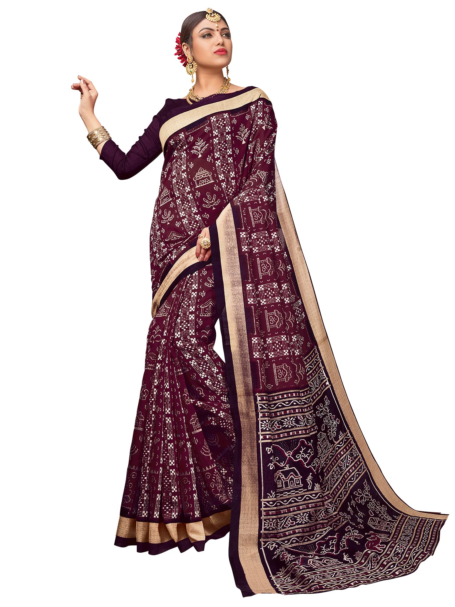 AKHILAM Women's Ajrak Block Print Dola Silk Sari with Unsewn Blouse Piece (KUMRN201_Parent)