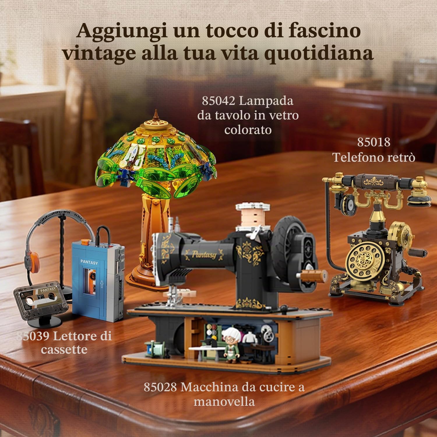 PANTASY Macchina da Cucire Vintage in Mattoncini, Modello Retrò a Manovella con Meccanismo a Ingranaggi Funzionante e Mini Sartoria Nascosta, Oggetto da Collezione per Adulti