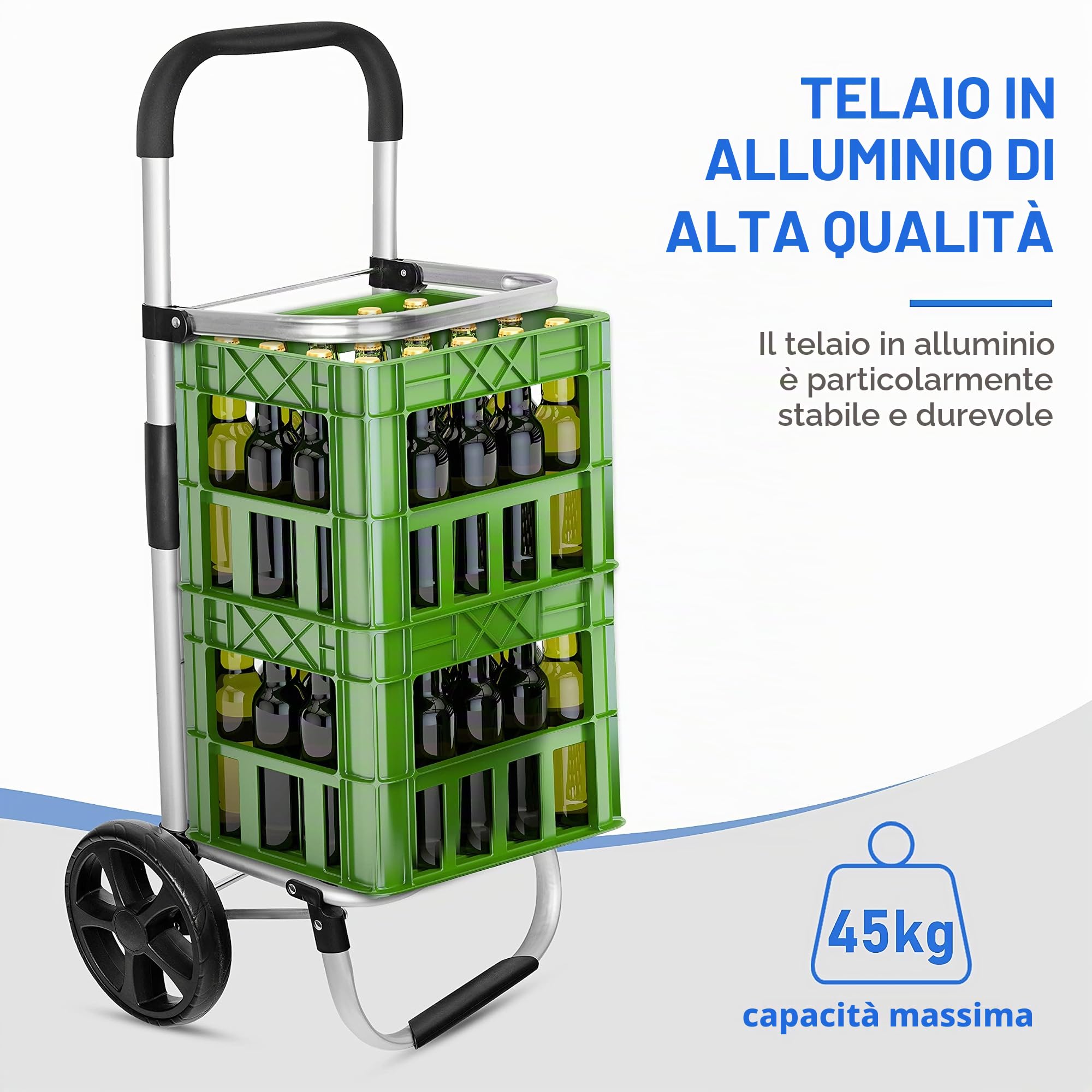 Ribelli Trolley per la spesa, telaio in alluminio, pieghevole, tasche laterali, grande tasca con cerniera e borsa per il ghiaccio, utilizzabile come borsa per il trasporto, fino a 45 kg
