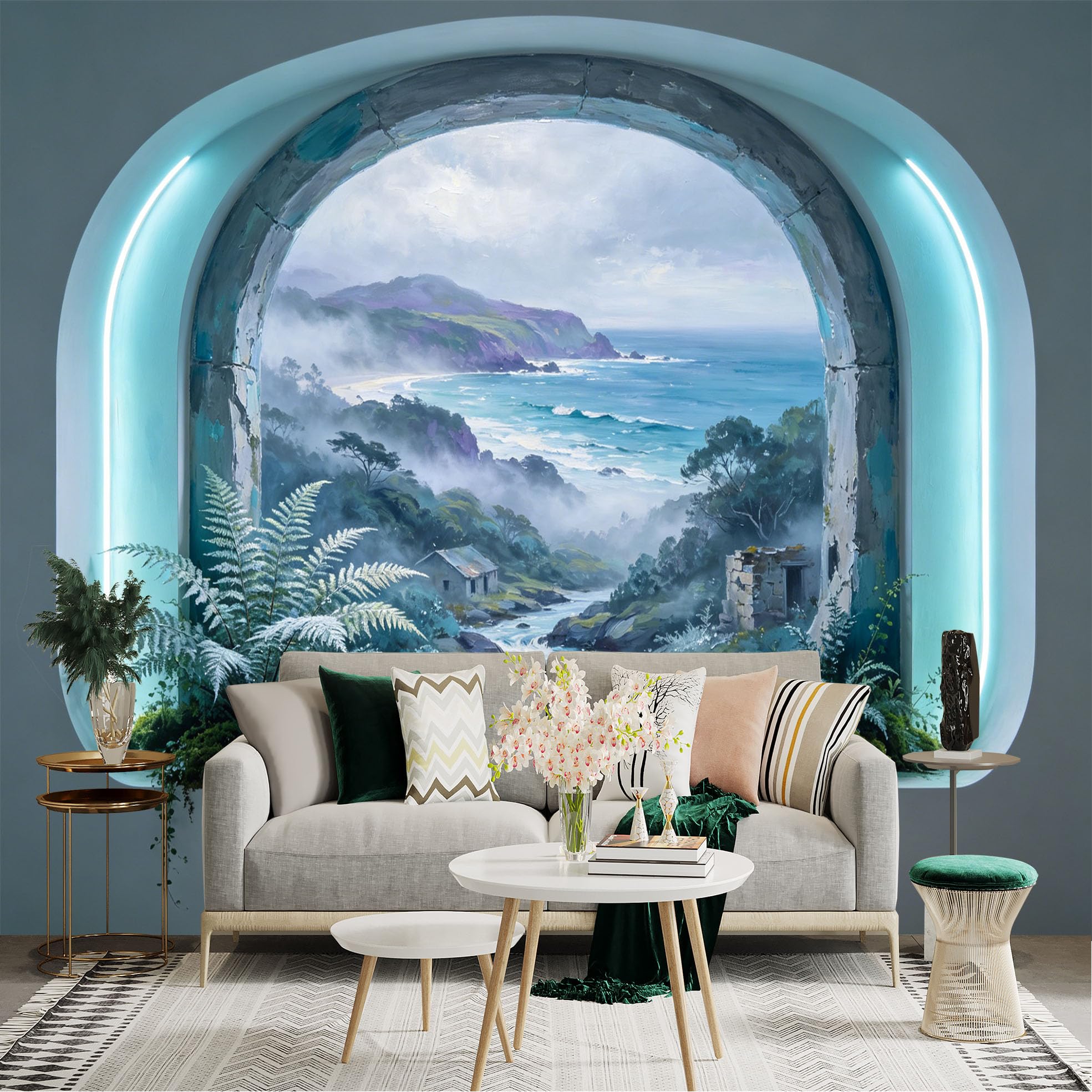 Custom Size Wall Sticker Mural， Coastal Waterfall with Misty Mountains and Ocean View， for wall Decoration， peelandstick wall Decals.