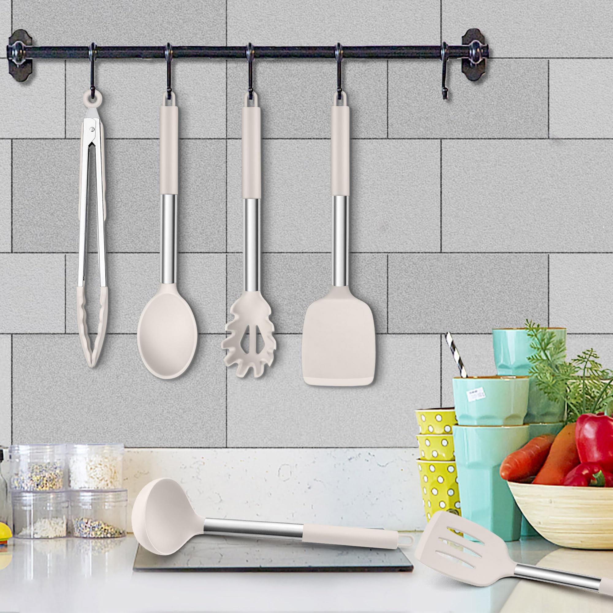 Herogo Set di utensili da cucina, 6 utensili da cucina in silicone, resistenti al calore, con manico in acciaio inox, antiaderenti, spatola, cucchiaio, pinze per pentole, facili da pulire, colore:
