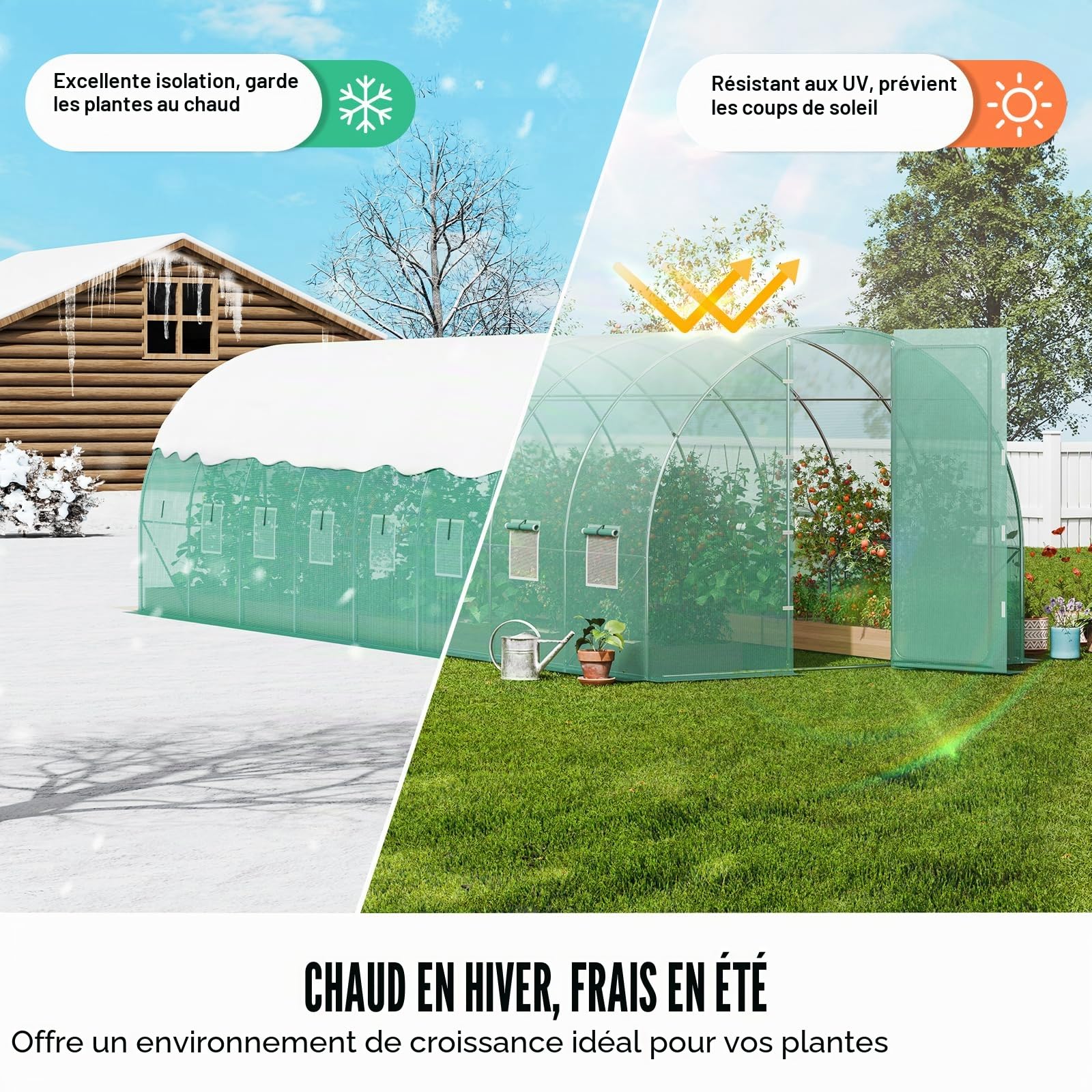 VEVOR Serre Tunnel Jardin, 835x290x225 cm, Tente Abri Plantes avec Cadre en Acier Galvanisé, Couverture en PE Verte, Porte à Glissière Enroulable, 16 Fenêtres, pour Extérieur Cultiver Légumes Fleurs