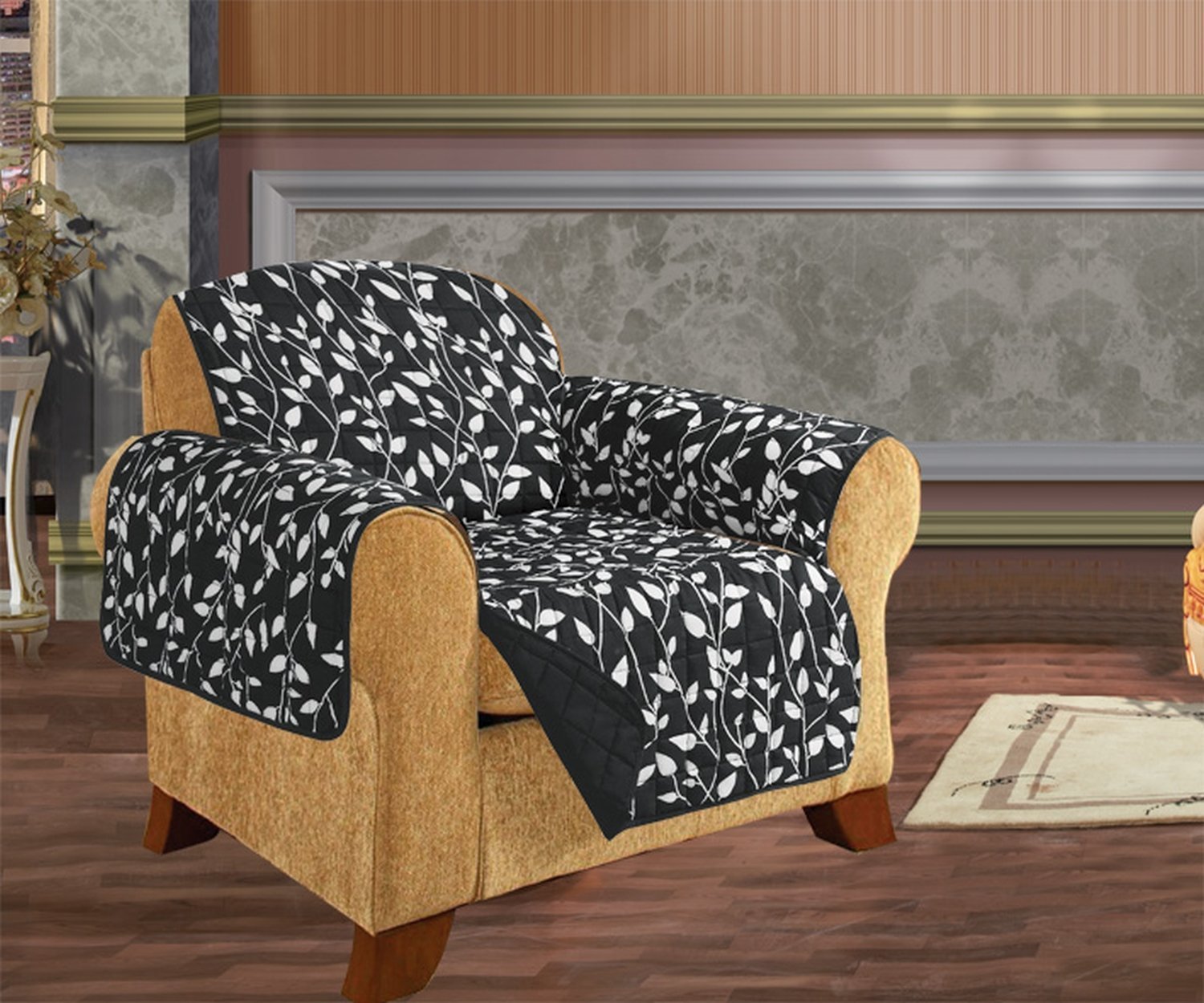 CELINE LINEN Quilted Furniture Protector for Pet Dog Children Kids -2 Ties to Stop Slipping Off Treatment Microfiber As Soft as Egyptian Cotton, Black Leaf Chair