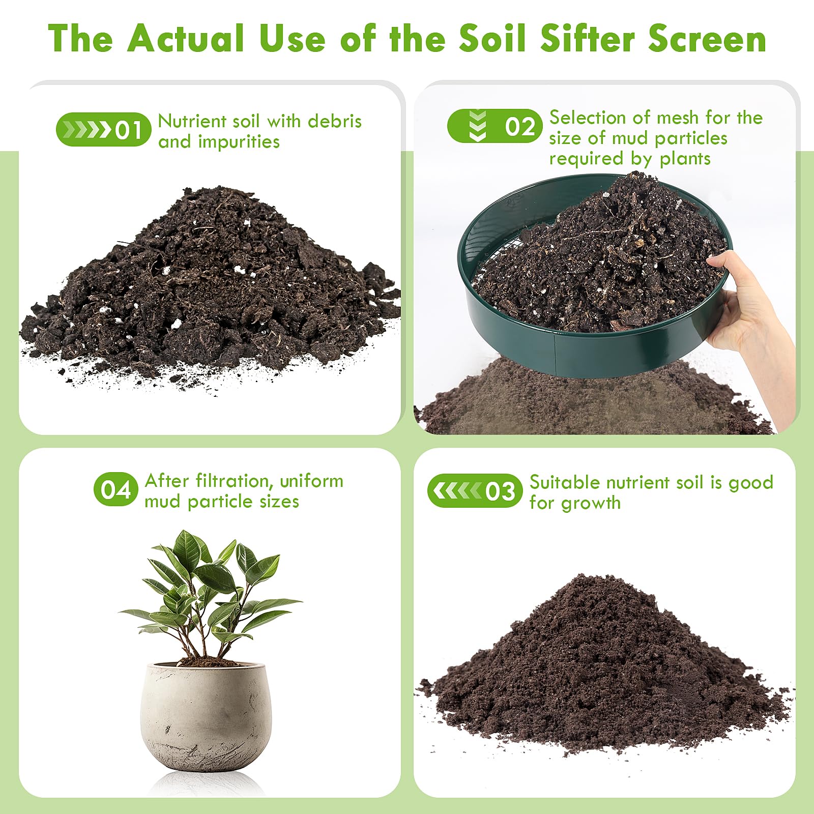 Setaccio Terreno per Giardinaggio, Setaccio Terreno in Acciaio Inox da 12 Pollici con 5 Schermi Fine Sostituibili, Guanti e Pala, Setaccio Sabbia, 3mm, 5mm, 8mm, 10mm, 12mm (Verde)