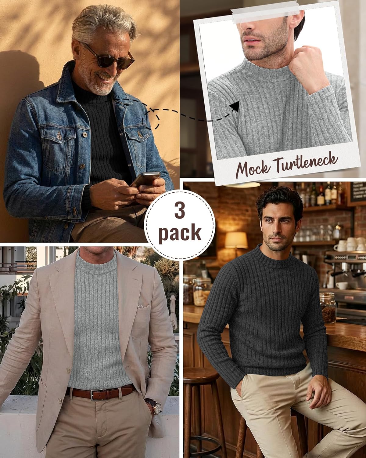 3 Pack Men's Mock Turtleneck Sweaters Long Sleeve Ribbed Knit Shirts Slim Fit Casual Pullover Lightweight Layer - Image 2