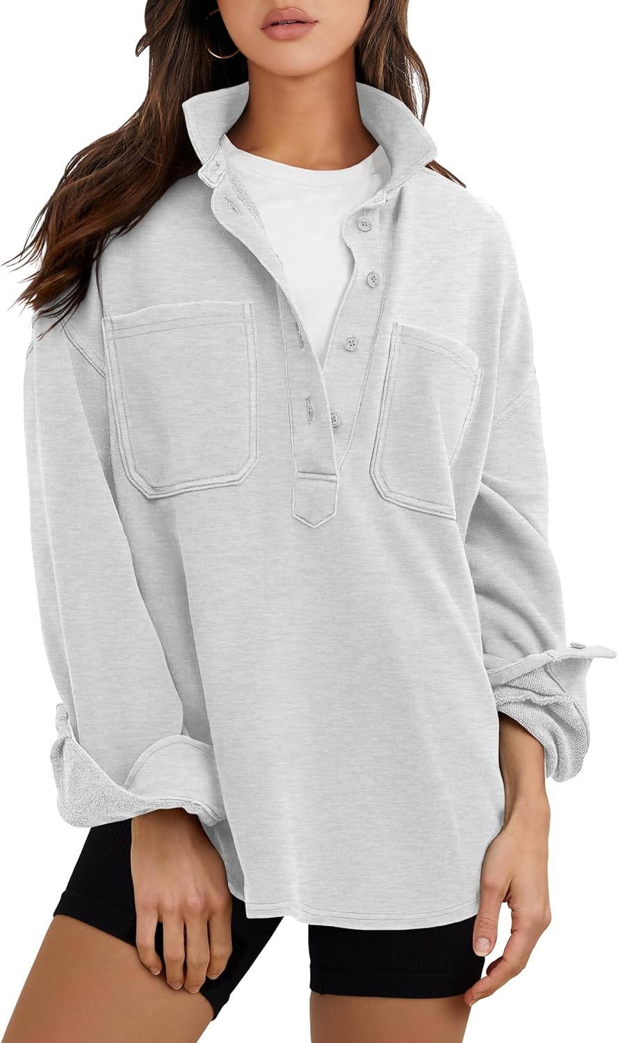 ANRABESS Sweatshirt for Women Oversized Casual Long Sleeve Side Slit Button Lapel Polo Pullover Tunic Tops 2025 Fall Outfits