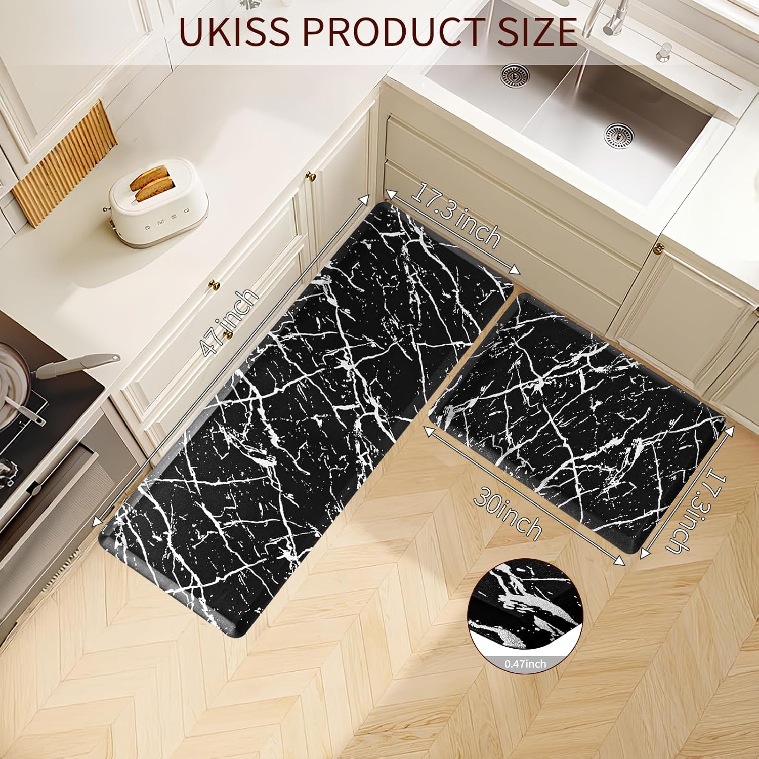 UKISS marbling Kitchen Rugs, Cushioned Kitchen Mats, Anti Fatigue Mat for Floor, Waterproof Kitchen Rug，Non-Slip Comfort Standing Mat for Kitchen&Office (Black, 17.3 x 28 inches+17.3 x 47inches)