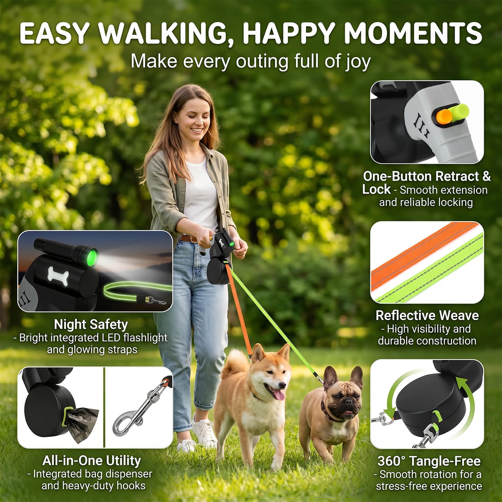 Guinzaglio retrattile per cani, doppio guinzaglio retrattile, guinzaglio automatico retrattile, doppio guinzaglio per cani di taglia media e piccola