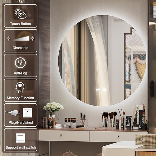 Miniatura 3 de Espejo LED redondo de 32 pulgadas, espejo redondo retroiluminado, espejo redondo con luz, espejo de baño LED, brillo ajustable, desempañador
