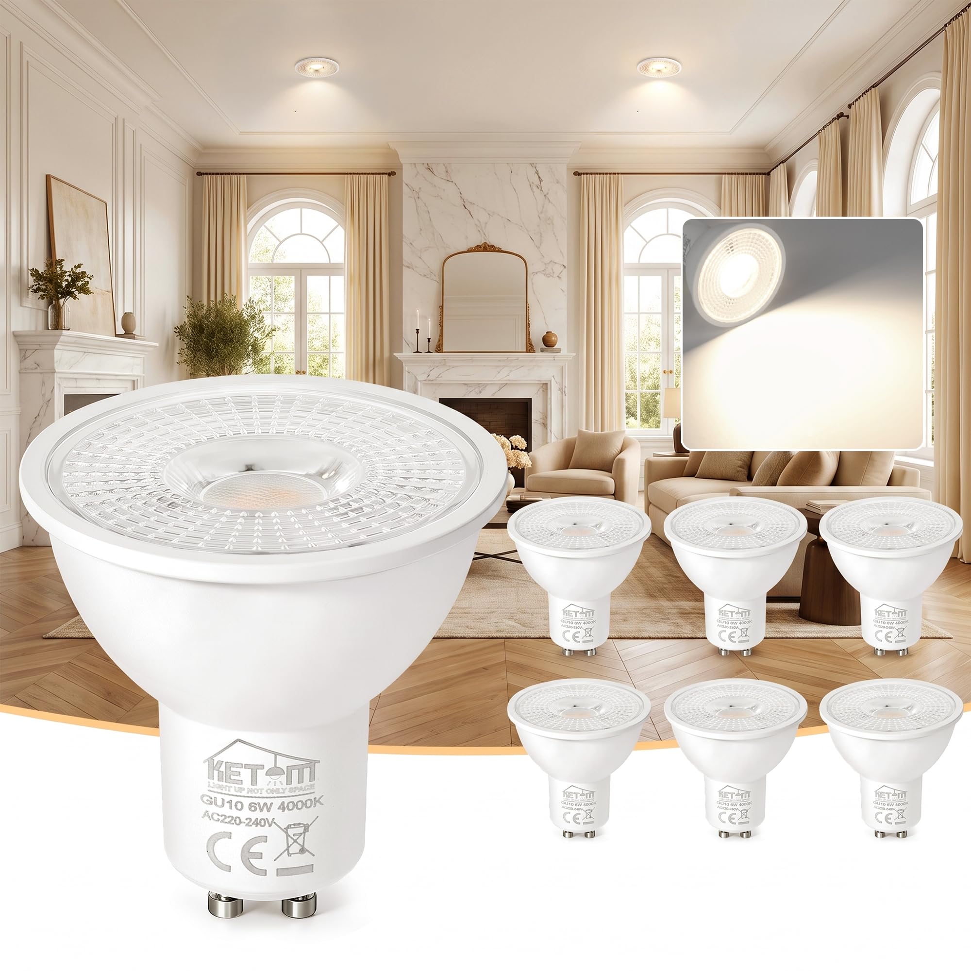 Ketom GU10 LED Bulbs Daylight White 4000K, LED Spotlight Bulbs GU10, 6 Pack