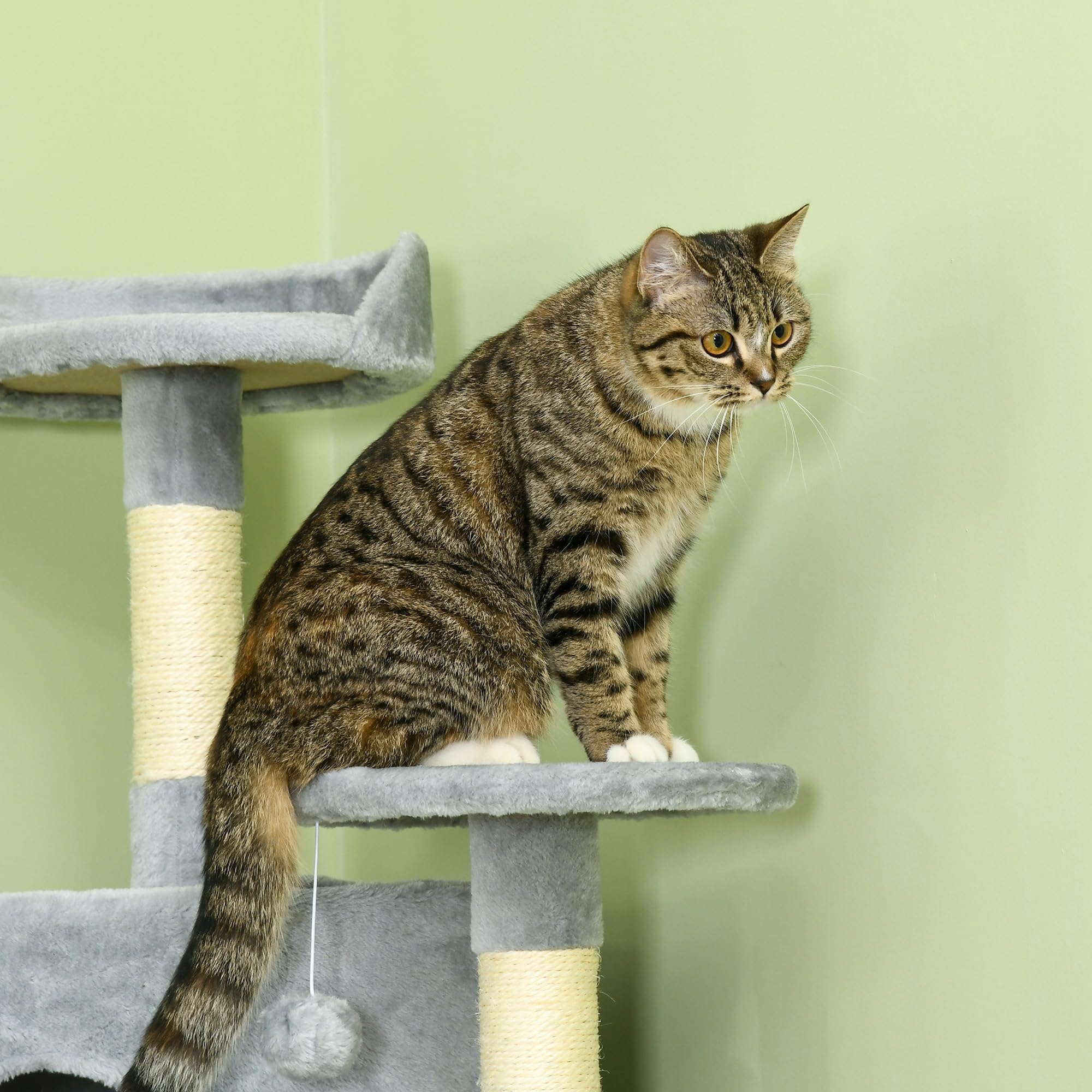 PawHut Árbol Rascador para Gatos Altura 200 cm Torre 60x60x200 cm Gris | Torre para Gatos, 2 Cuevas, 2 Hamacas, Cama, Múltiples Plataformas, Postes de Sisal, Bolas de Juguete