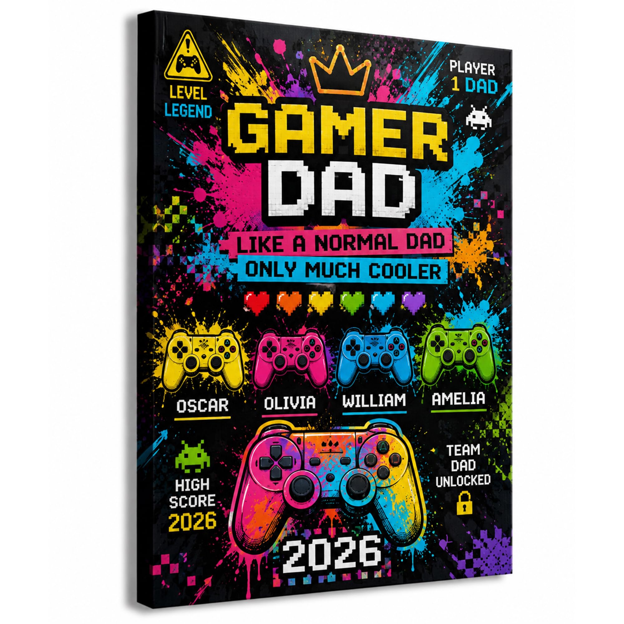 Star Online Personalised Gamer Dad Canvas Print Fathers Day Wall Art Gifts for Daddy or Grandad, Custom Kids Names Gaming Controller Sign Keepsake Presents