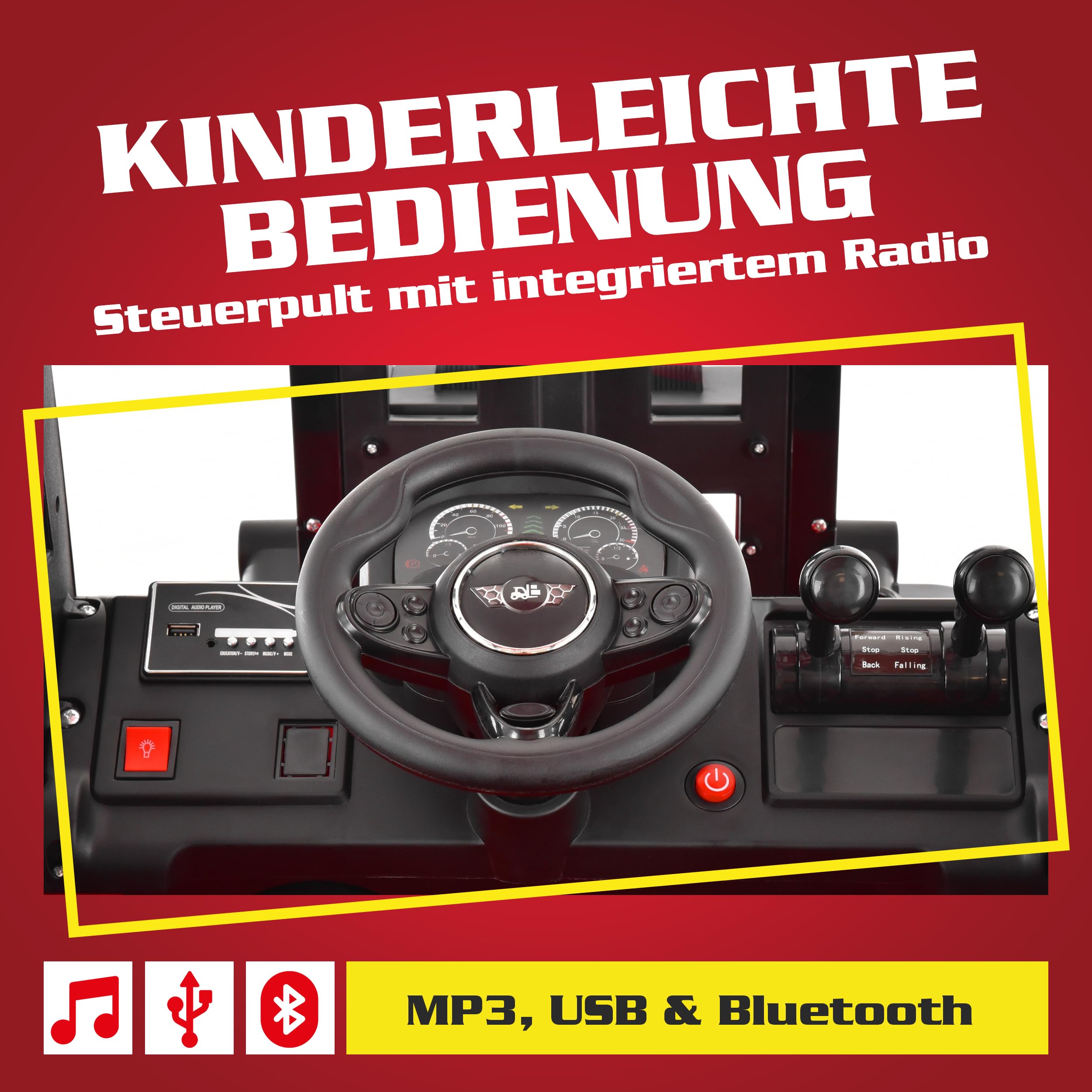 HECHT Kinder Elektro Gabelstapler 12V rot mit Fernbedienung | 2x40 W Motoren, ferngesteuertes Kinderfahrzeug ab 3 Jahre, bis 6 km/h, inkl. Palette und 35 kg Traglast