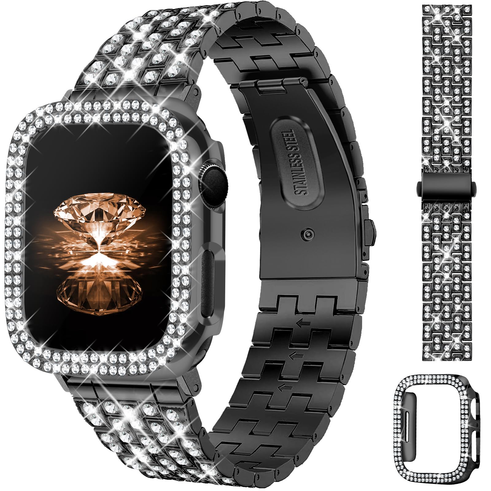 JR.DM Diamond Bands with Bling Case Women Compatible with Apple Watch 40mm 38mm 41mm 44mm 45mm 42mm 46mm 49mm Luxury Metal Bracelet Replacement Strap