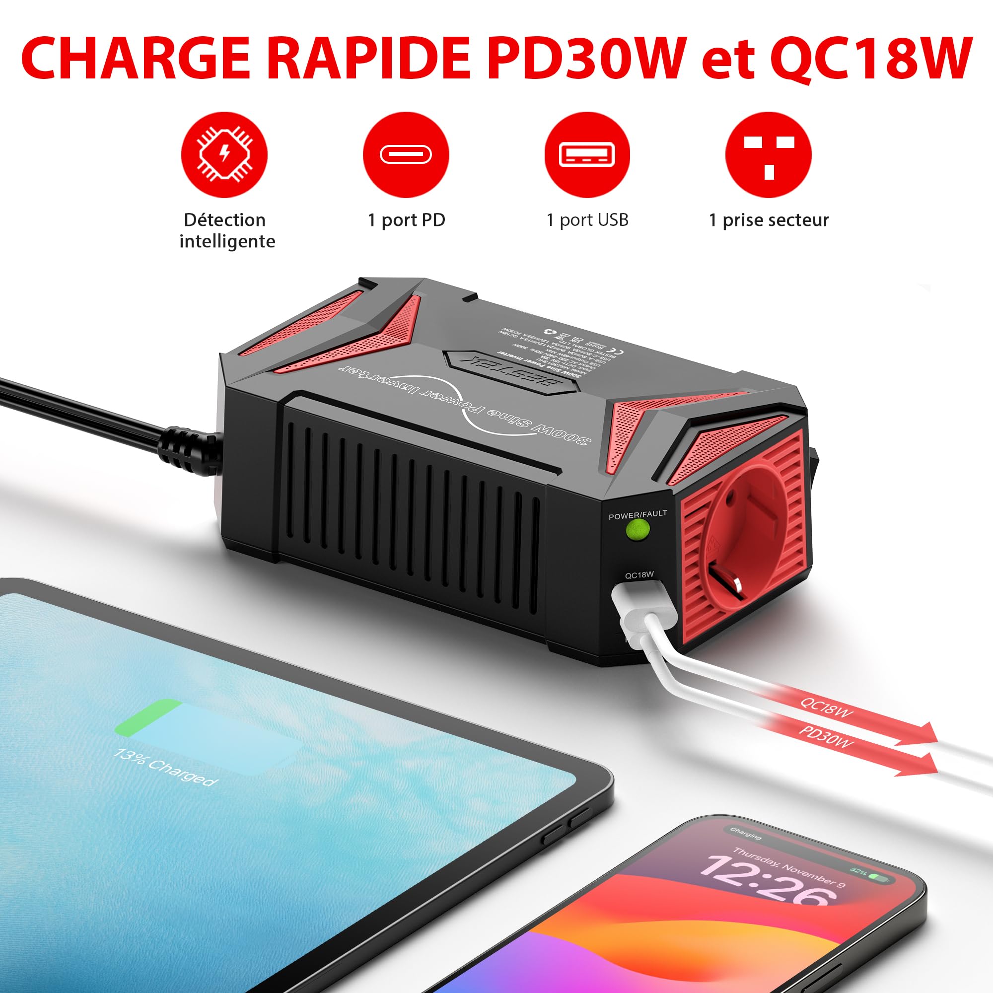 BESTEK Convertisseur 12v 220v Pur Sinus 300w Convertisseur Sinusoïdale pour Voiture Vacance Onduleur Pure 12v avec 2 Port Charge Rapide（PD30W&QC18W） Prise Européenn Transformateur de Tension