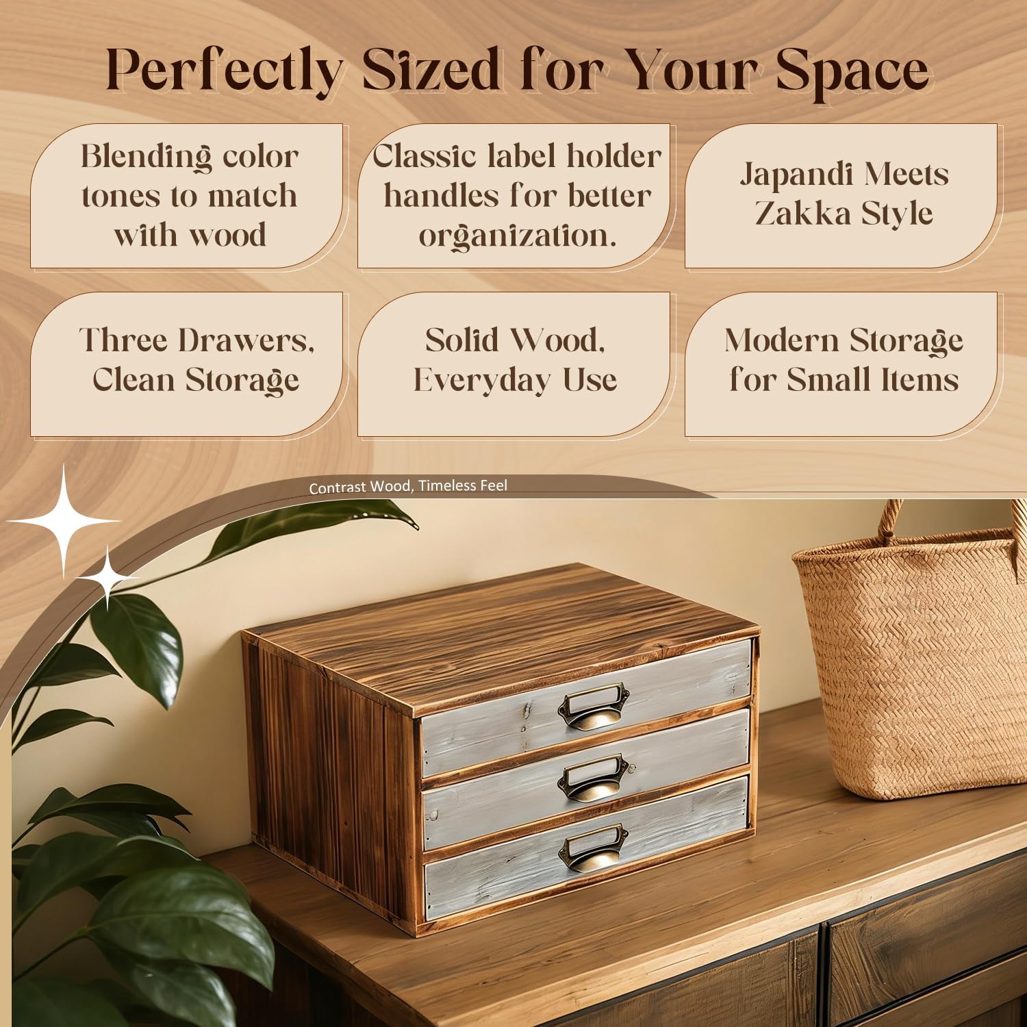 Stackable Modular Desktop Drawer Organizer, Aged Vintage Wood Grey 3-Drawer Storage Unit with Label Pull Handles, 2 Tone Wooden Japandi Style, Expandable by Adding More Units for Clutter-Free Spaces