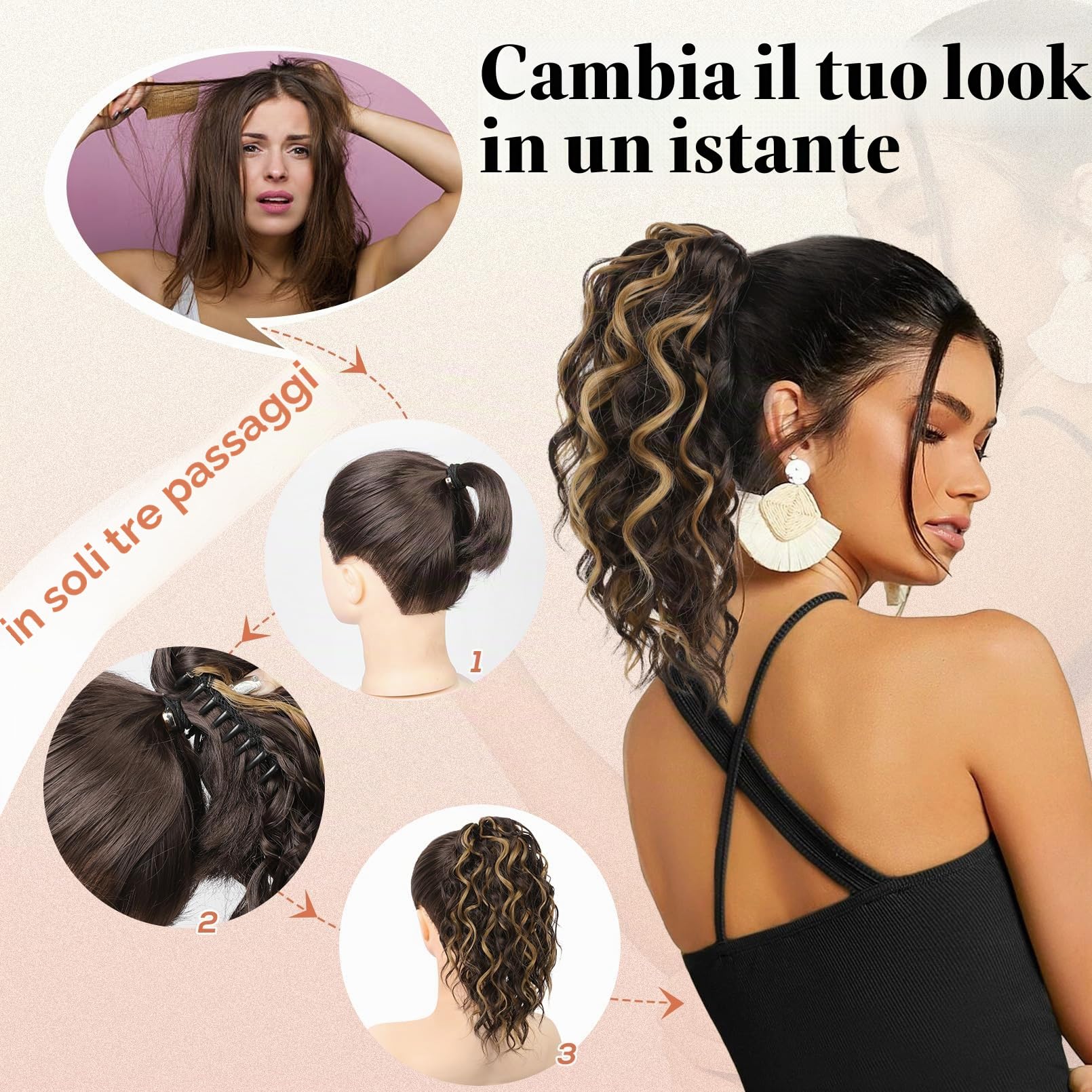 FLUFYMOOZ Estensione per capelli a coda di cavallo, 31 cm, ondulata e riccia con clip per il mento, parrucche sintetiche da donna, colore grigio/argento/bianco