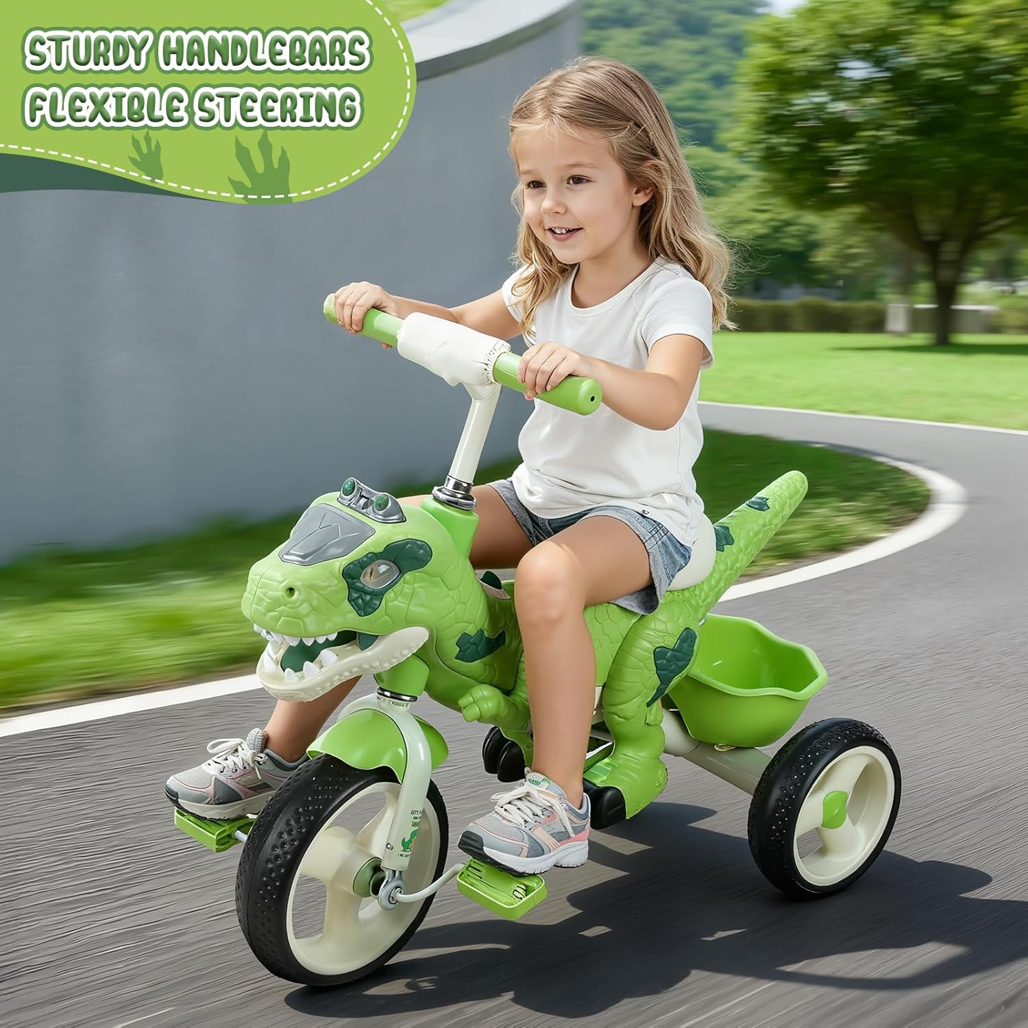 Kids Tricycle for Toddlers, Toddler Tricycle Bike with 10" Non-Slip Wheels, Adjustable Seat & Parent Push Handle, Toddler Trike with Music & LED Light, for Boys & Girls Green