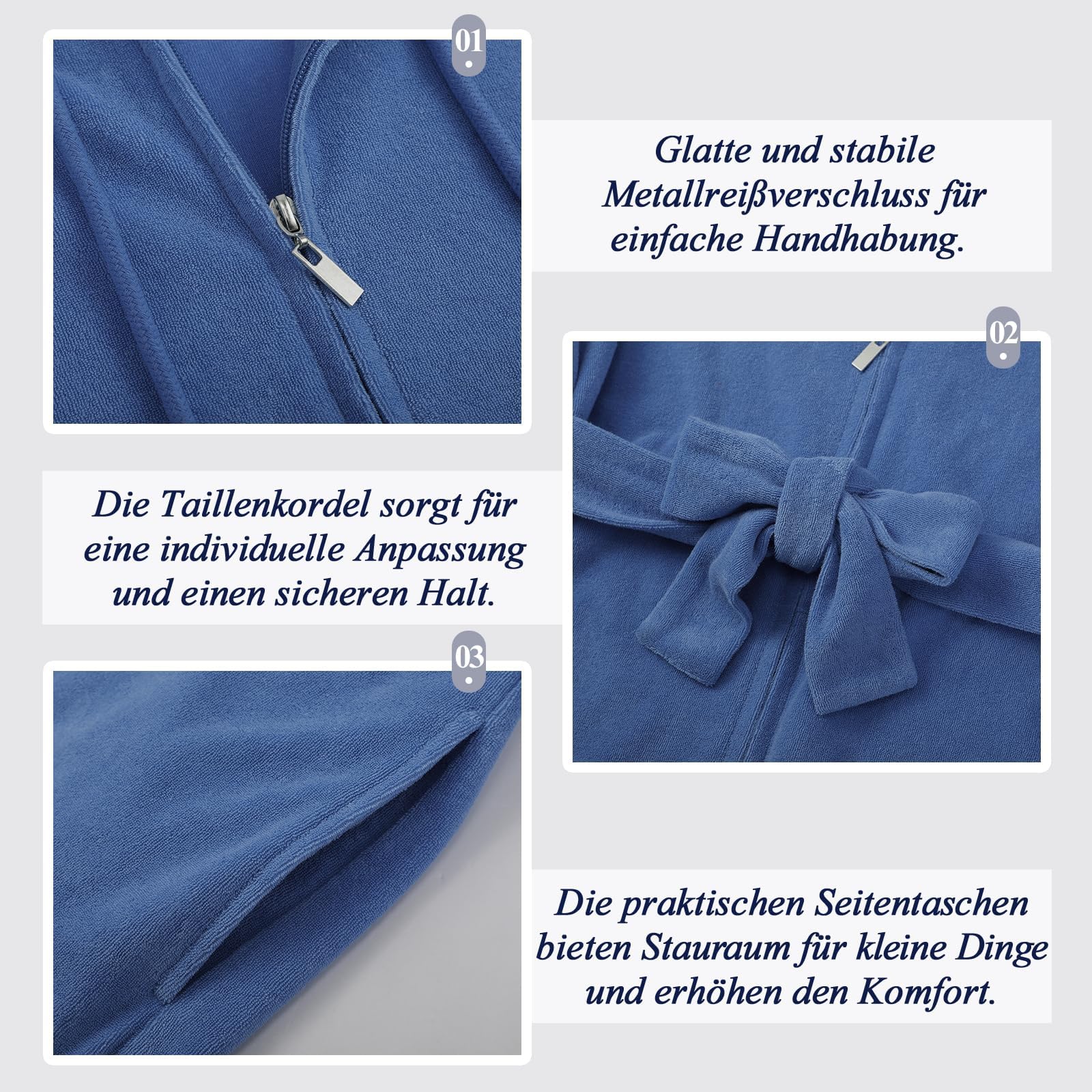 Damen Kapuze Bademantel Reißverschluss Frottee Langarm Bademantel | Kurz und Leicht.Taschen und Bindegürtel – geprüft auf Schadstoffe, ideal für Sauna und Zuhause
