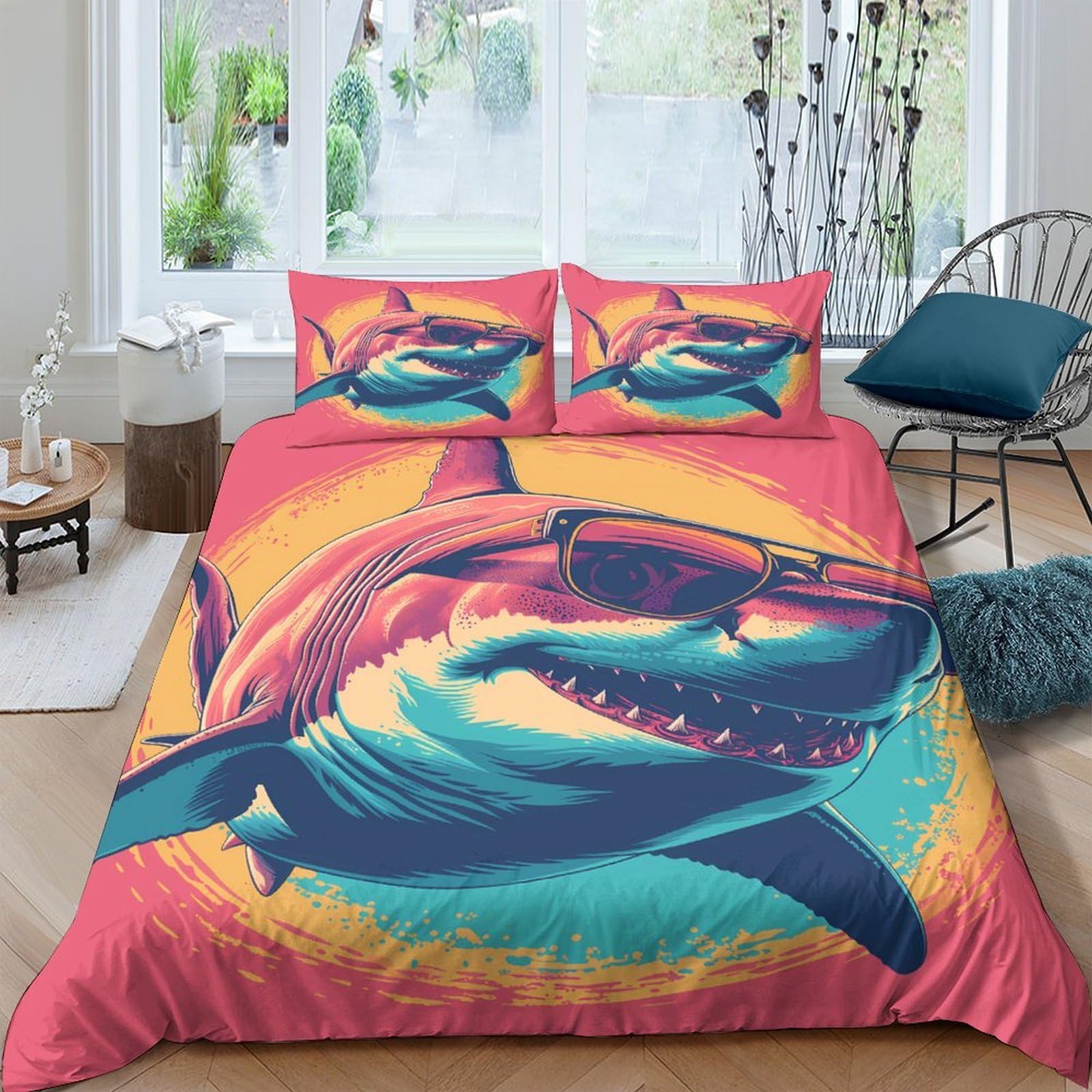 GPLZQXKJNH 3D Printed Cool Shark Duvet Cover Microfiber Soft Breathable Sunglasses Bedding Set with 2 Pillowcases for Bedroom Decor Single（135x200cm）