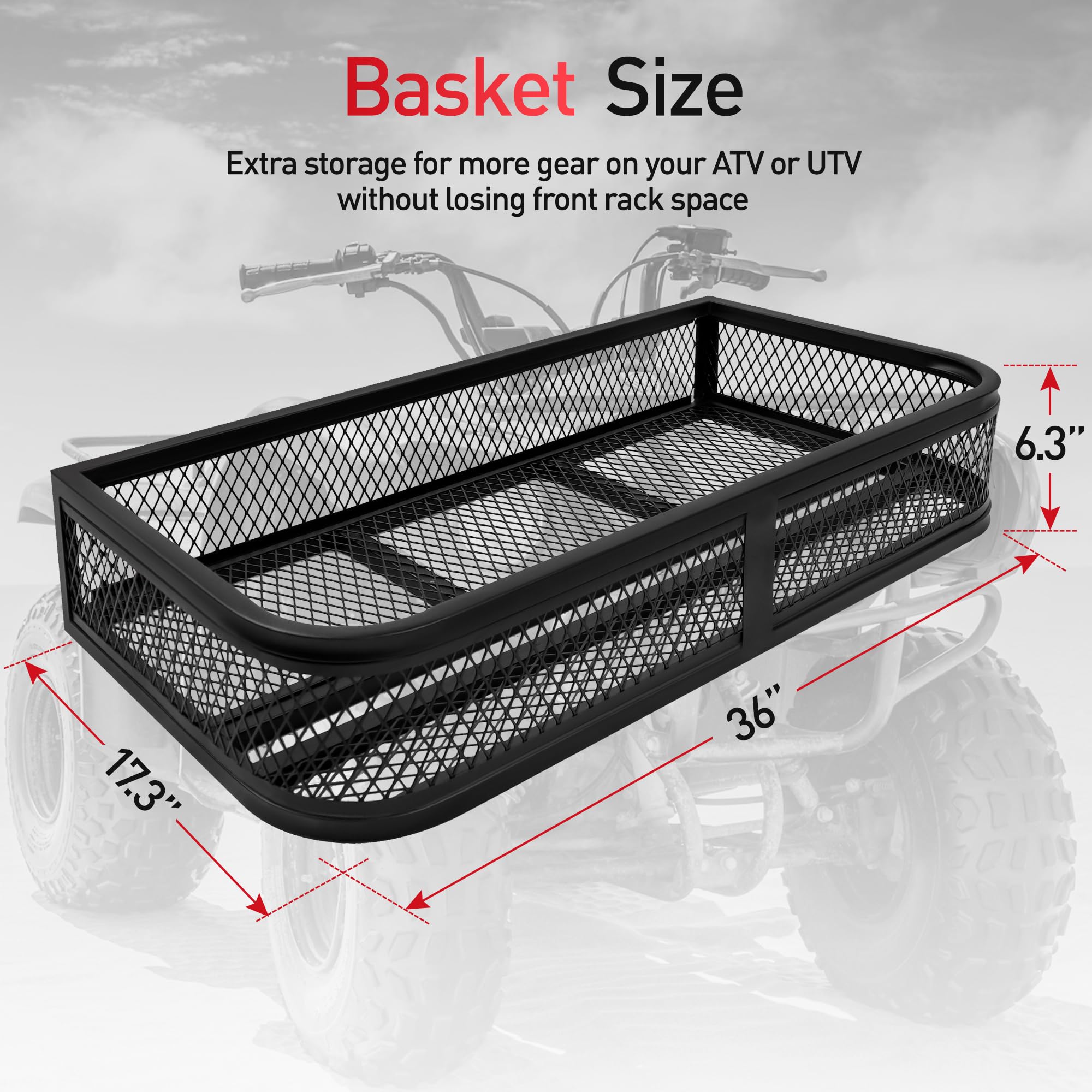 JY PERFORMANCE ATV Front Cargo Basket, Heavy Duty ATV Racks and Baskets for Camping, Fishing, Beach Side Hiking, 91.4 cm L x 43.9 cm W x 16.0 cm H