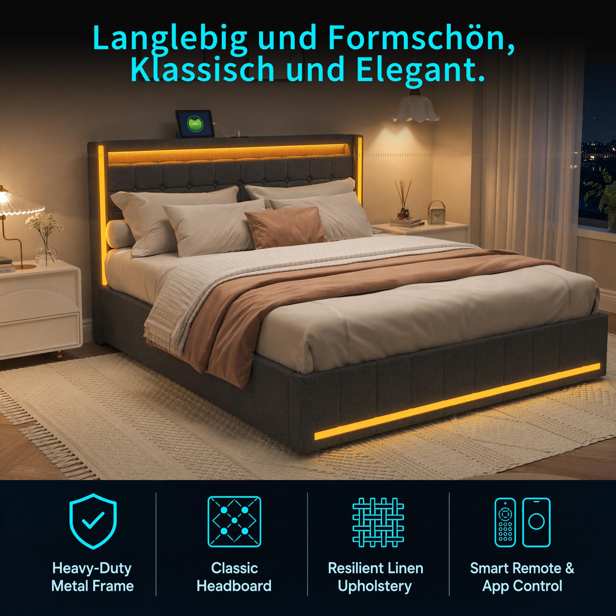 Letto Cassettone 160x200 con 4 Cassetti, Letto Matrimoniale 160x200 con LED e USB, Letti Matrimoniali Imbottiti con TestieraLetto Imbottito Matrimoniale conContenitore, Nessun Materasso