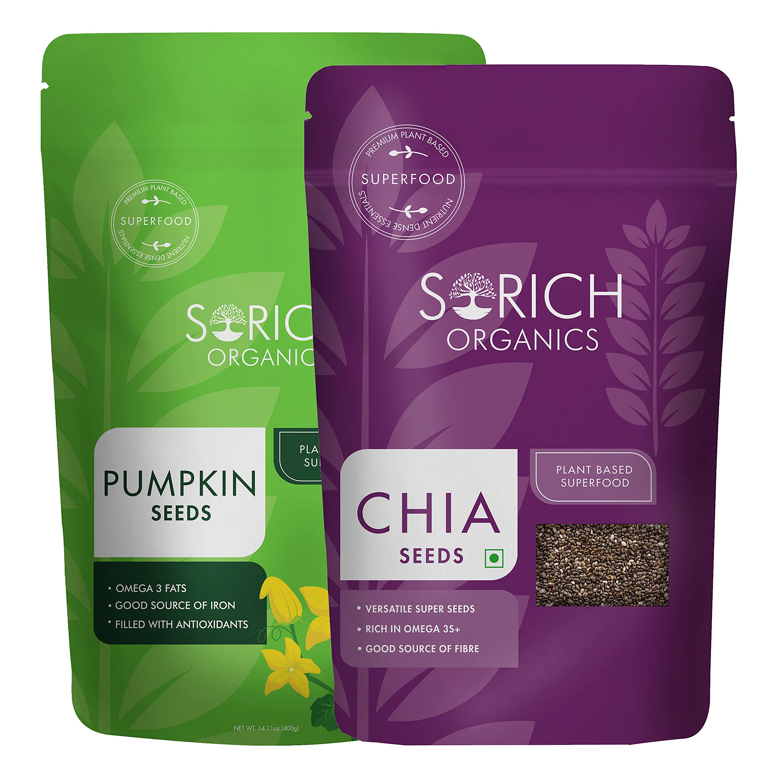 Sorich Organics Raw Chia Seeds 250g + Pumpkin Seeds 400g | Superfood Seed Combo (650g) | High Protein, Omega-3 & Fiber-Rich | Healthy Snacks for Eating | Immunity Booster | Vegan & Gluten-Free (Pack of 2)