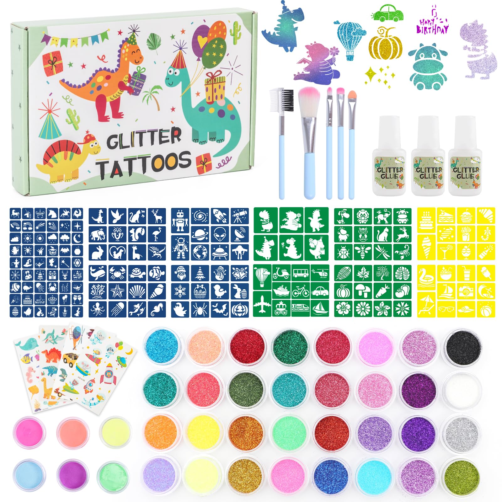 Highttoy Tatuajes Purpurina Niños, 38 Colores Kit Tatuajes Purpurina Temporales Dinosaurio Luminosos con 164 Plantillas, 5 Pinceles, 4 Hojas Pegatinas Tatuaje, 3 Pegamentos, Regalo Niño Infantil