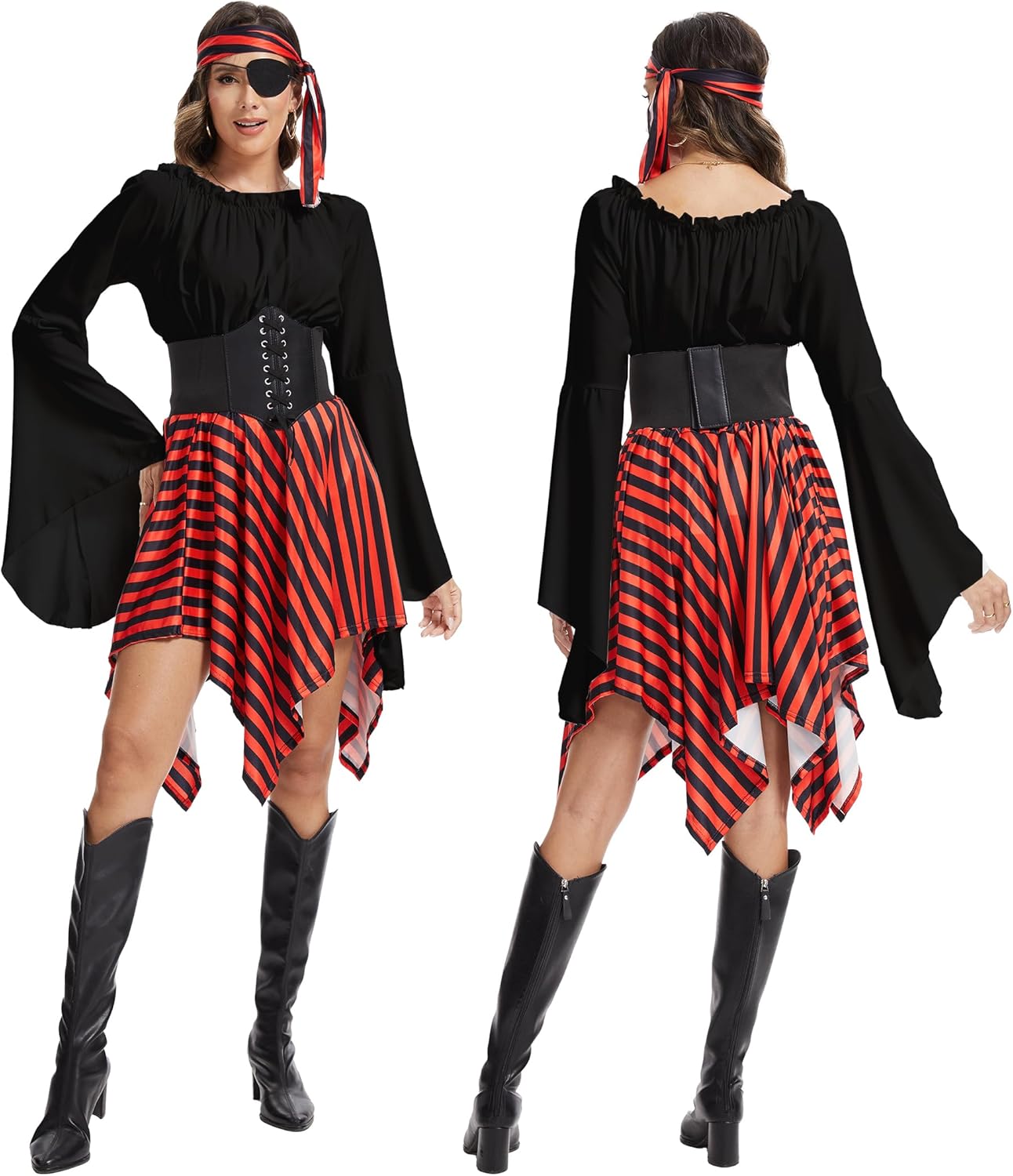 6 Pcs Womens Pirate Costume Renaissance Shirt Dress with Head Scarf Waist Belt Medieval Costume Accessory Sets - Image 2
