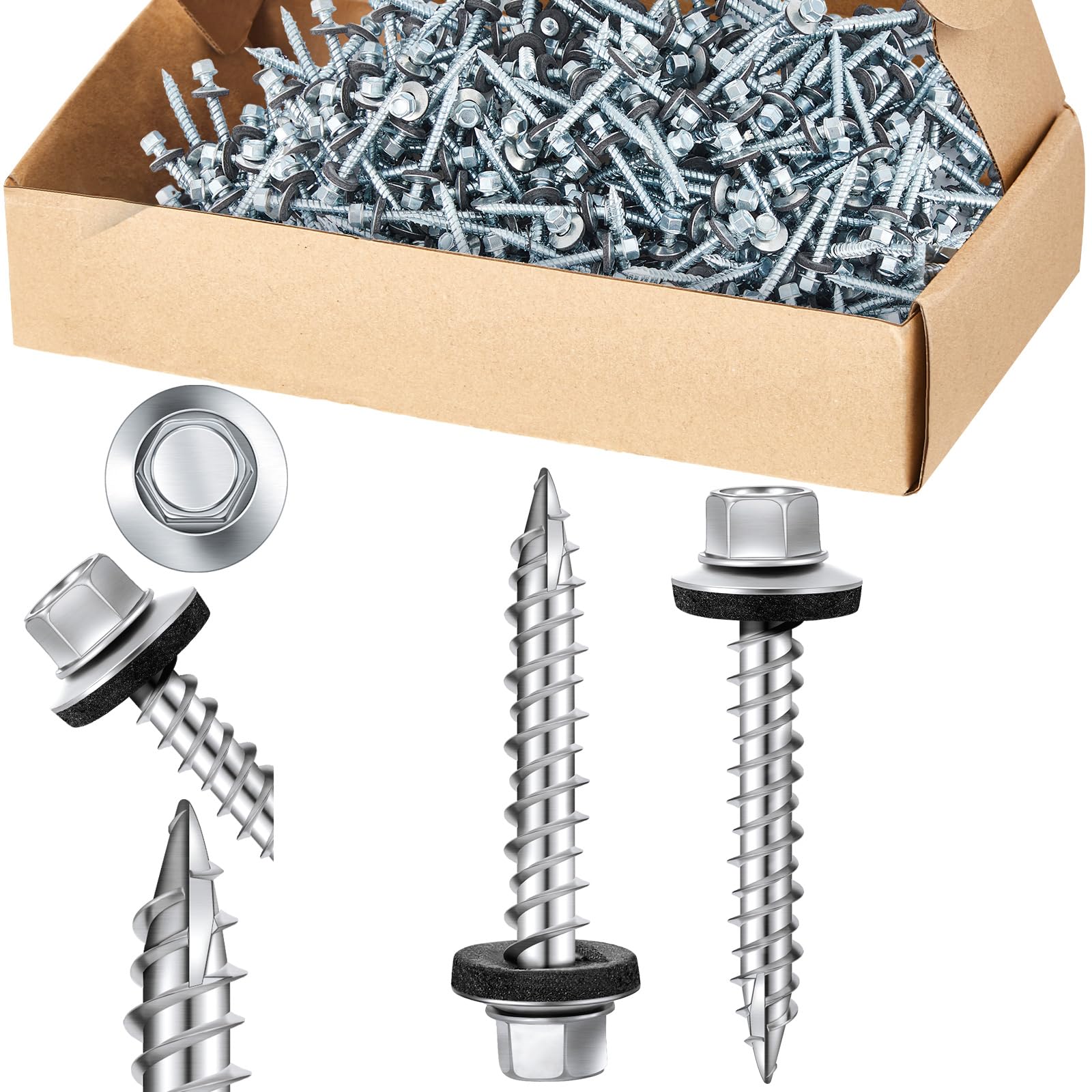 Tandefio Tornillos de metal para techos (1000) #10 x 1-1/2 pulgadas de cabeza hexagonal de zinc con arandela de goma, tornillos de techo autorroscantes de metal a madera