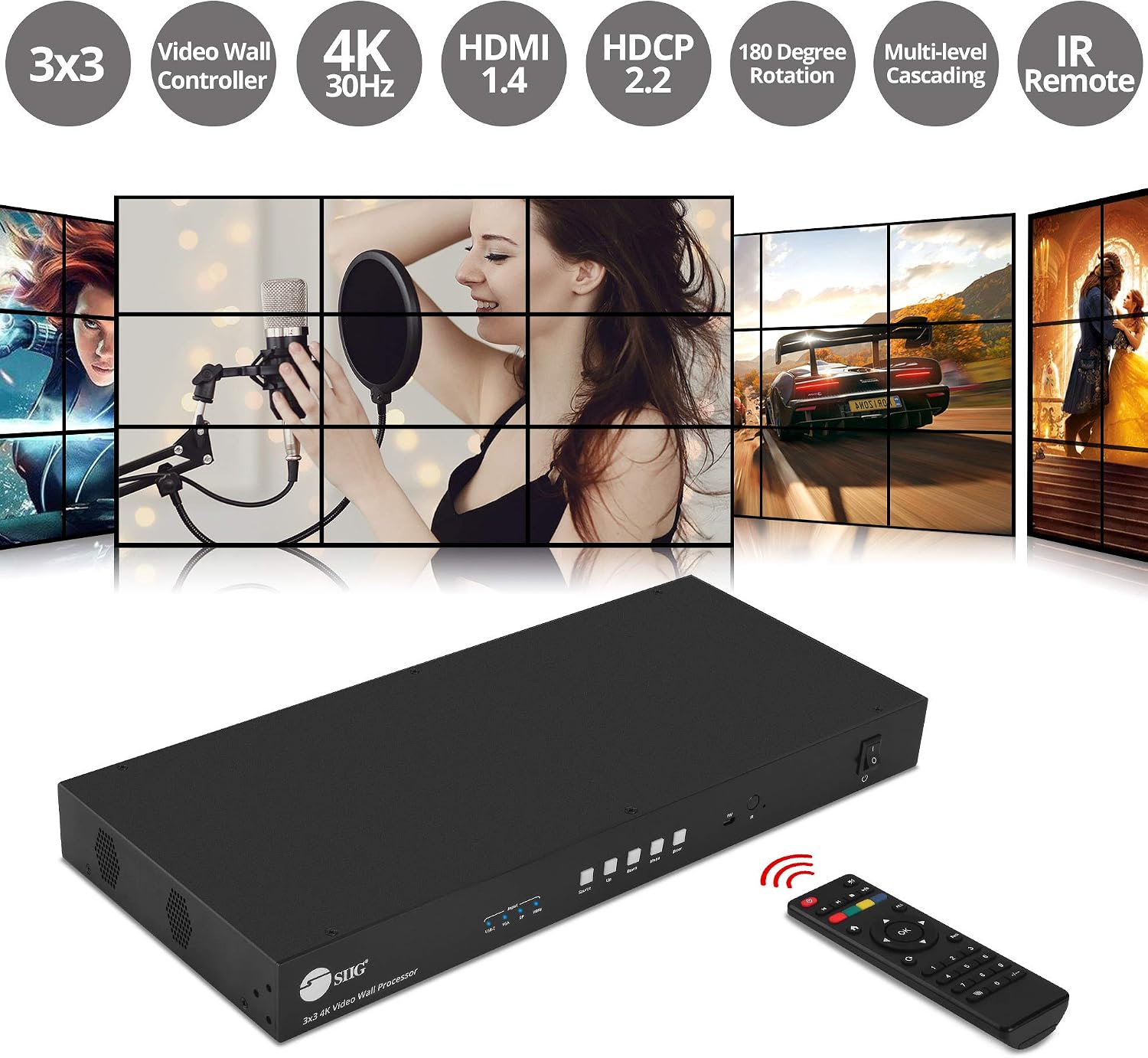 SIIG 3x3 4K HDMI Video Wall Controller - USB-C/DP/VGA/HDMI Input, Loop-Out, RS232/Web/IR Control, Audio Extract to Coaxial/3.5mm, Metal Housing, ESD Protection, 2x2, 2x3, Cascading (CE-H26F11-S1)