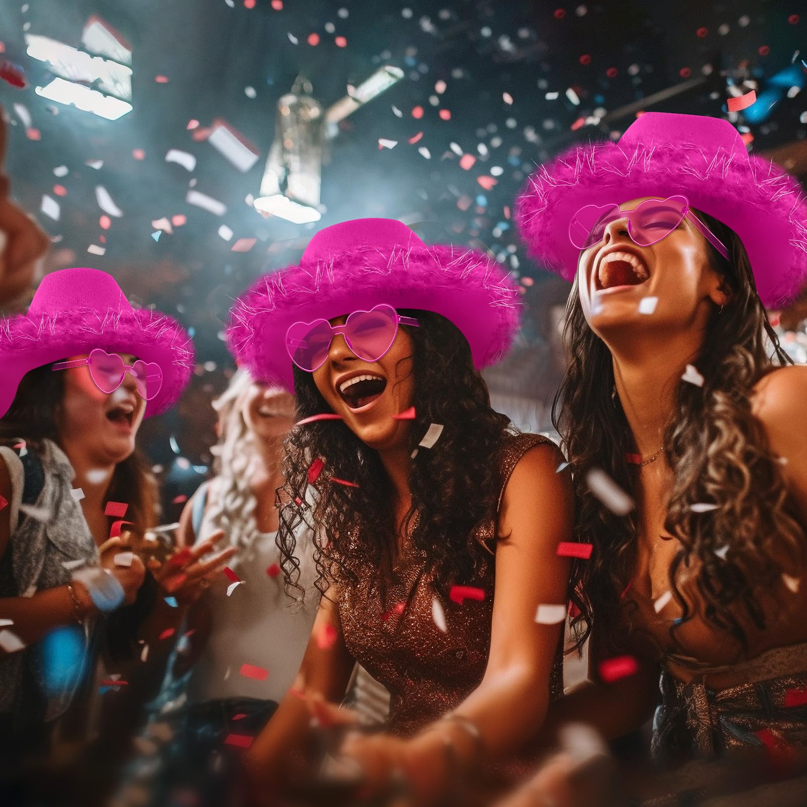 Zhanmai Juego de sombrero de vaquera con boa de plumas y gafas de sol de corazón para niñas, despedida de soltera, fiesta de disfraces