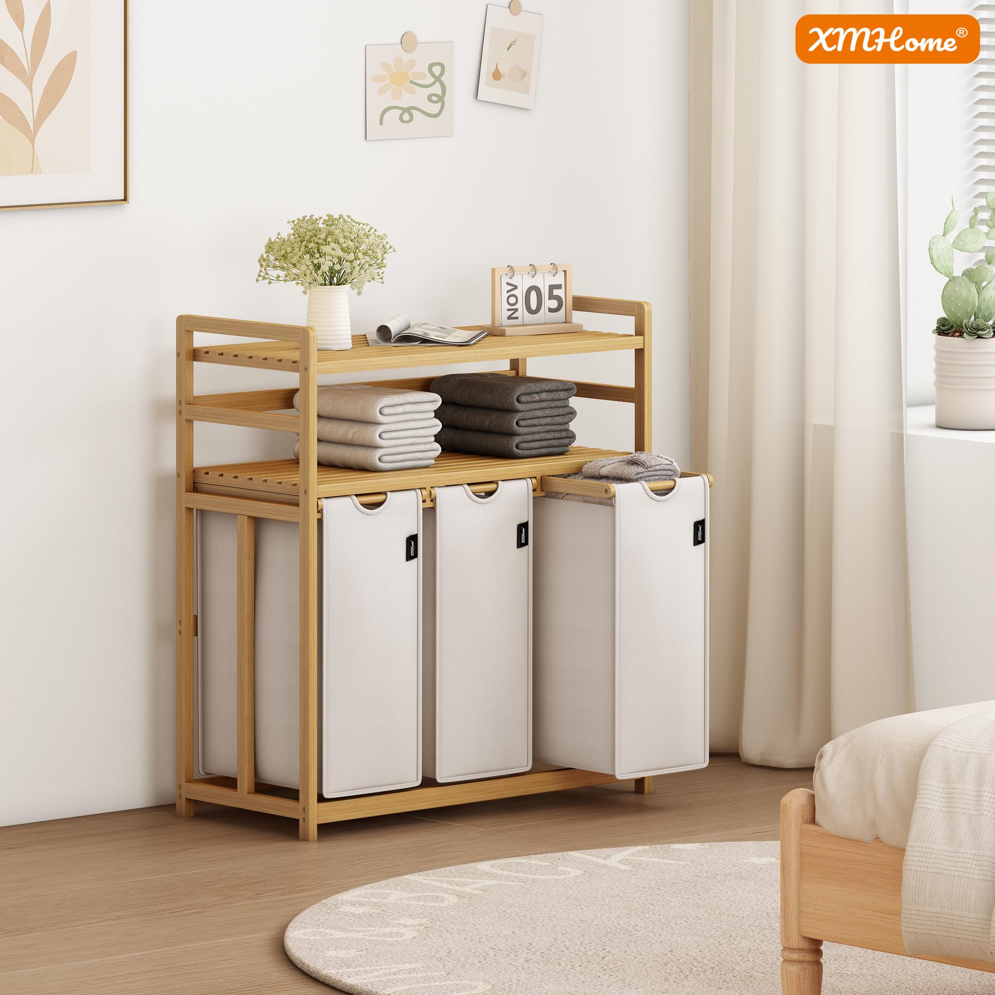 Cesto portabiancheria rettangolare in bambù a 3 scomparti, 148 l, a 2 livelli, con sacchetto portabiancheria rimovibile, per bagno, camera da letto e lavanderia, 77,5 x 41,3 x 100,5 cm, grigio