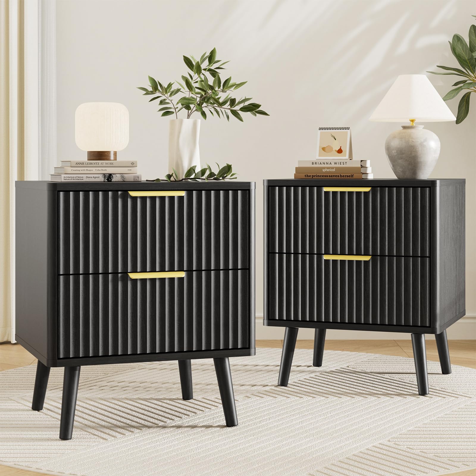 lynsom fluted night stand set of 2, night stands with deep 2 drawers and curved profile design, wooden bedside table modern design end table for bedroom sofa office (2, black)