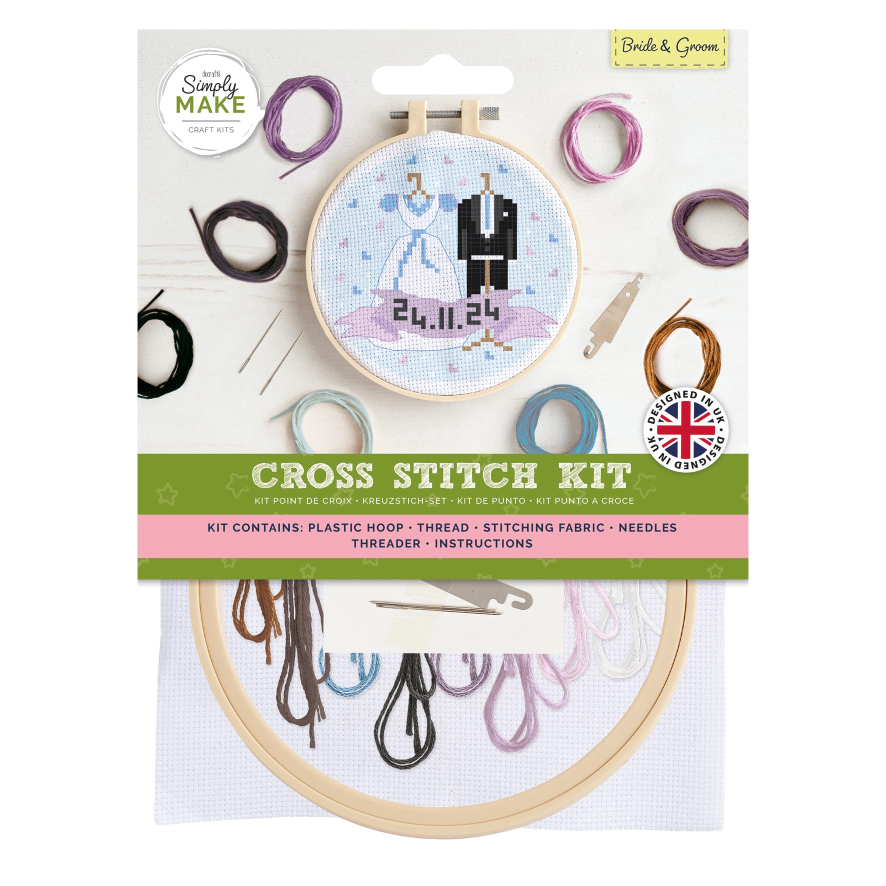 Simply Make Cross Stitch Kit, Bride and Groom, Multicoloured, Single Craft Kit, Cross Stitch Kits for Adults, Sewing Kit and Embroidery Kit for Home Crafts, Embroidery Threads Included