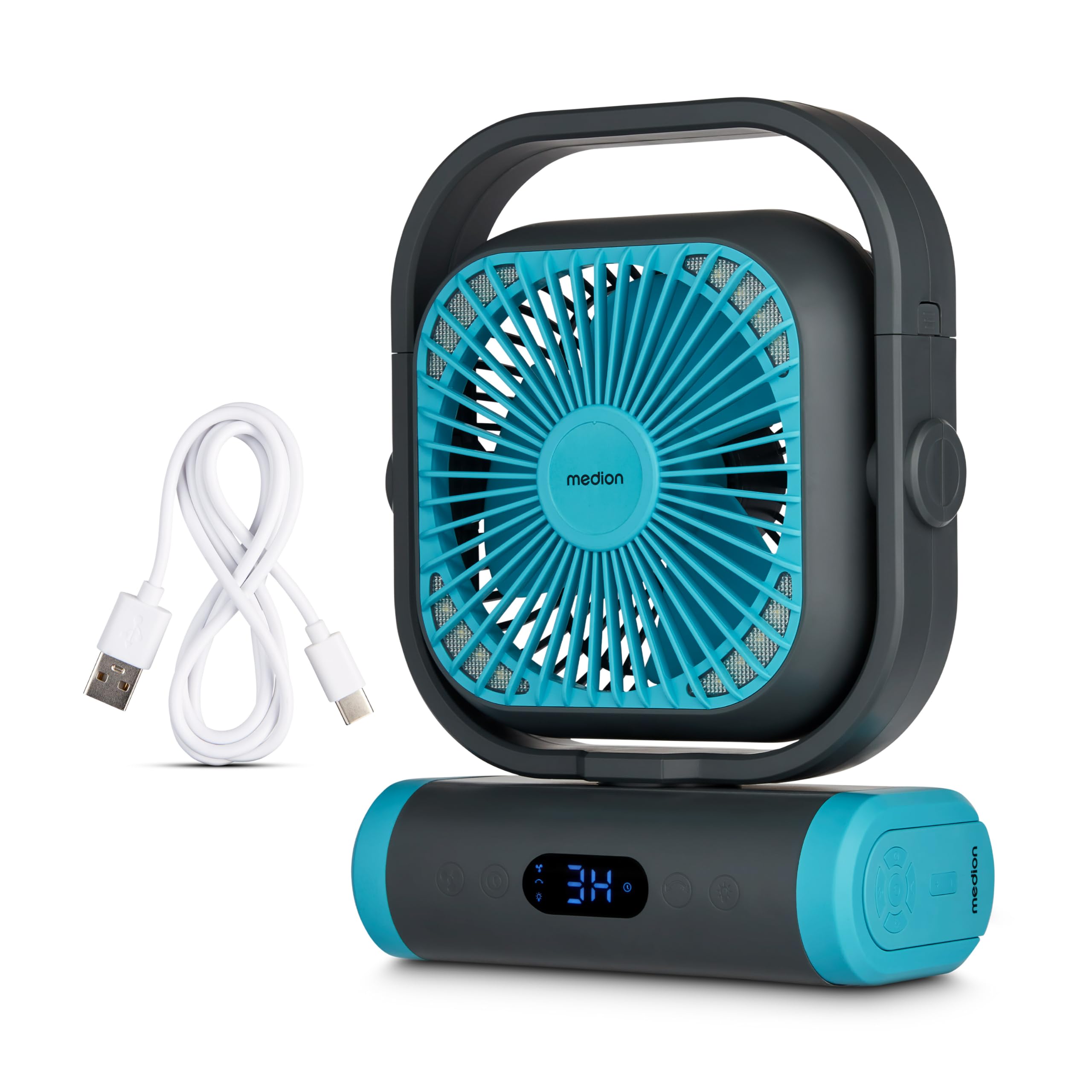 MEDION Ventilador E10 TF (batería, mini ventilador USB pequeño con luz, mando a distancia, 5 niveles, oscilación, gancho para colgar, función powerbank, ideal para oficina camping tienda), verde
