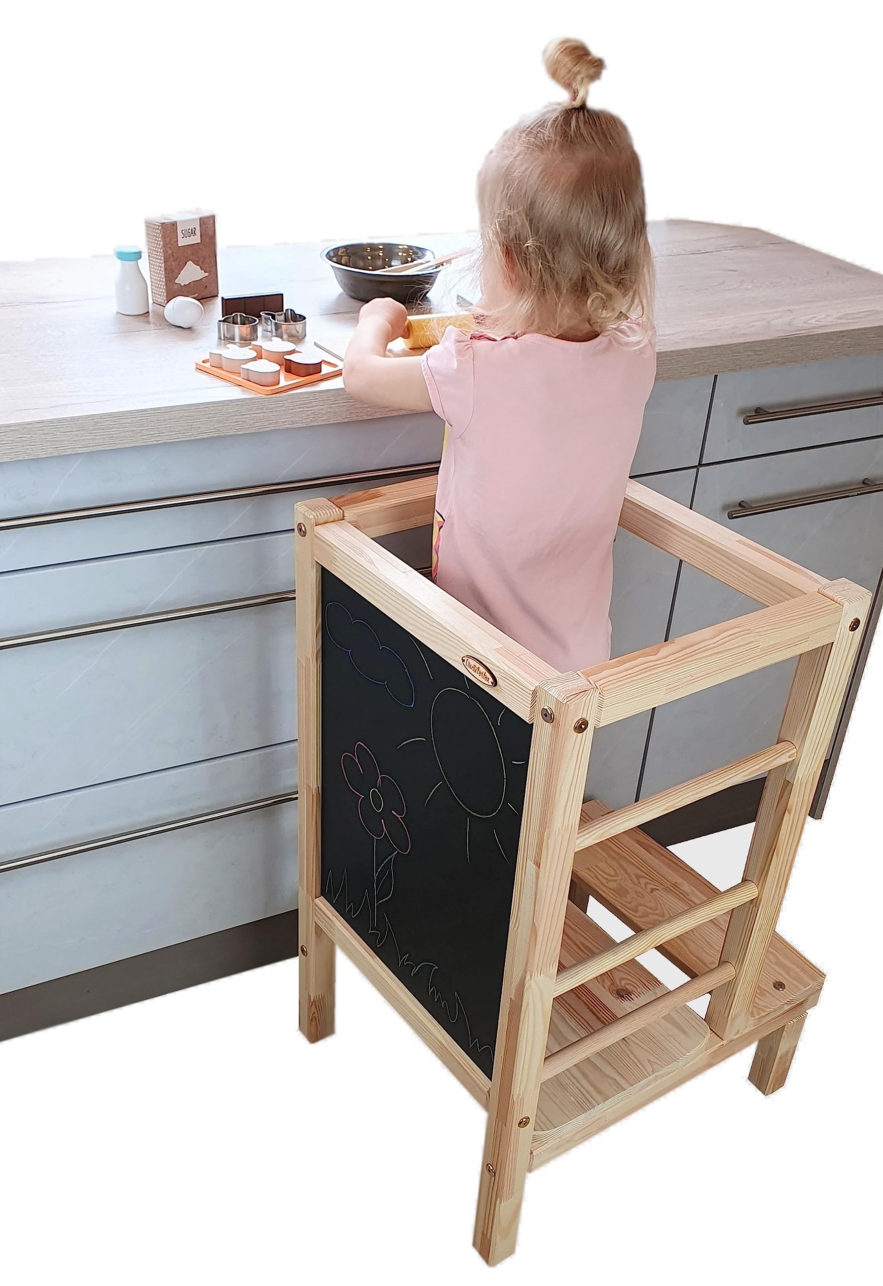 Lernturm Holz, Küchenhelfer für Kinder, Tritthocker Kinder, Trittschemel, Learning Tower, Höhenverstellbar, Massives Kiefernholz, Leicht und Mobil - 45x56x80 cm