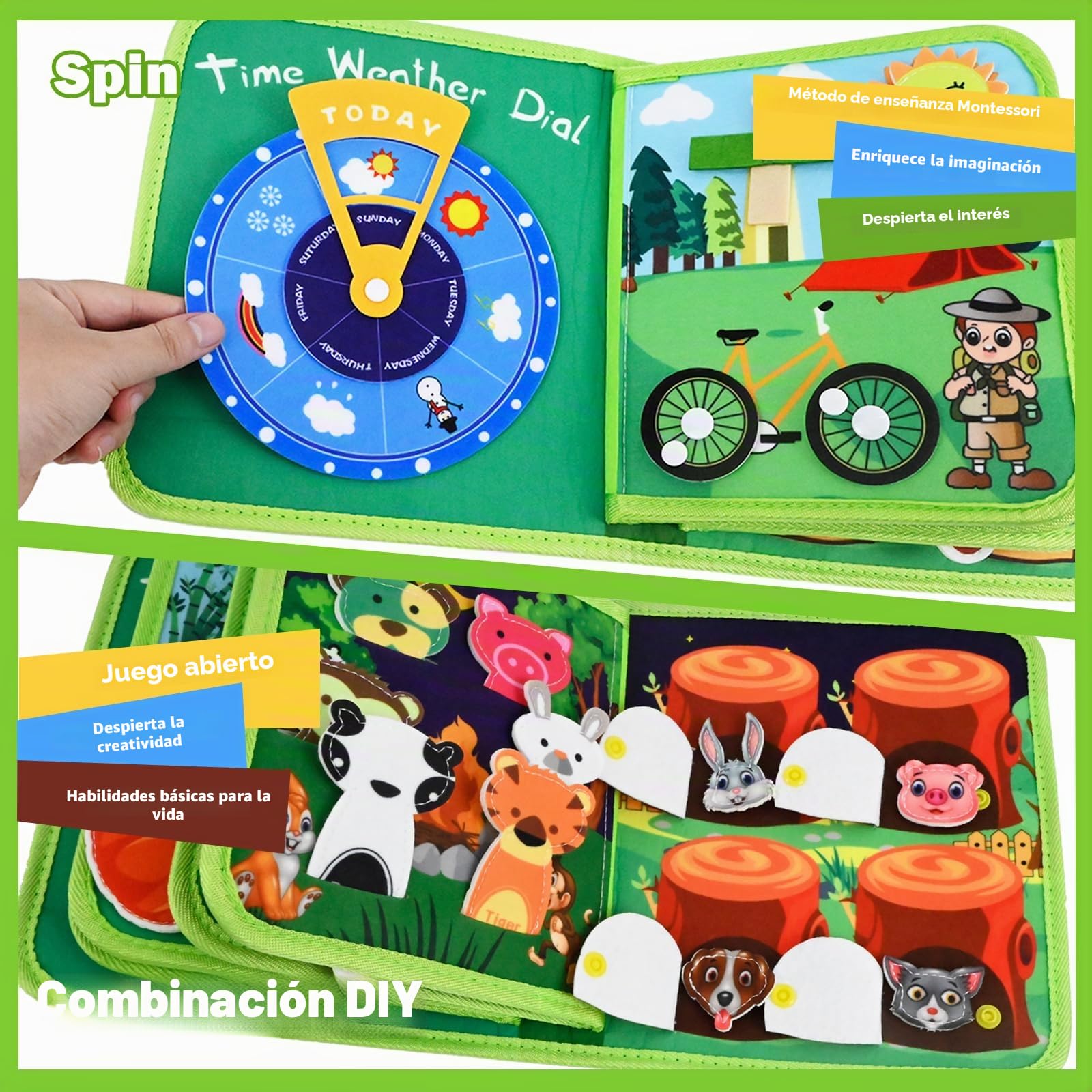 Libro Montessori 1 año, 20 en 1 Busy Board de Actividad, Libro Interactivo Juguetes Montessori para Niños 1 2 3 años, Juguetes Educativos Motricidad Fina, 10 páginas Animales Bosque