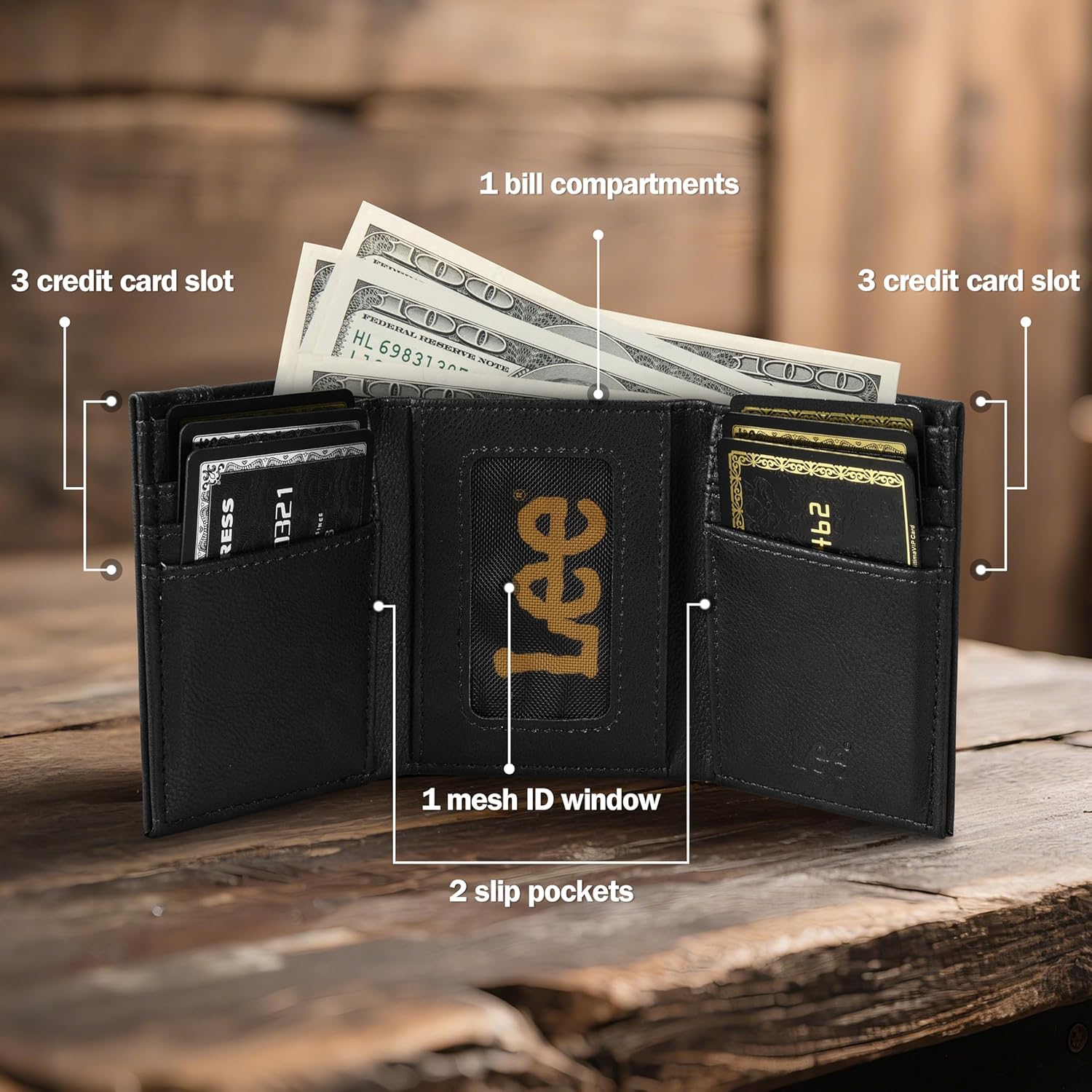 Lee Men’s Trifold Wallet, Pebble Grain Leather Wallet with Flip ID Window - Image 3