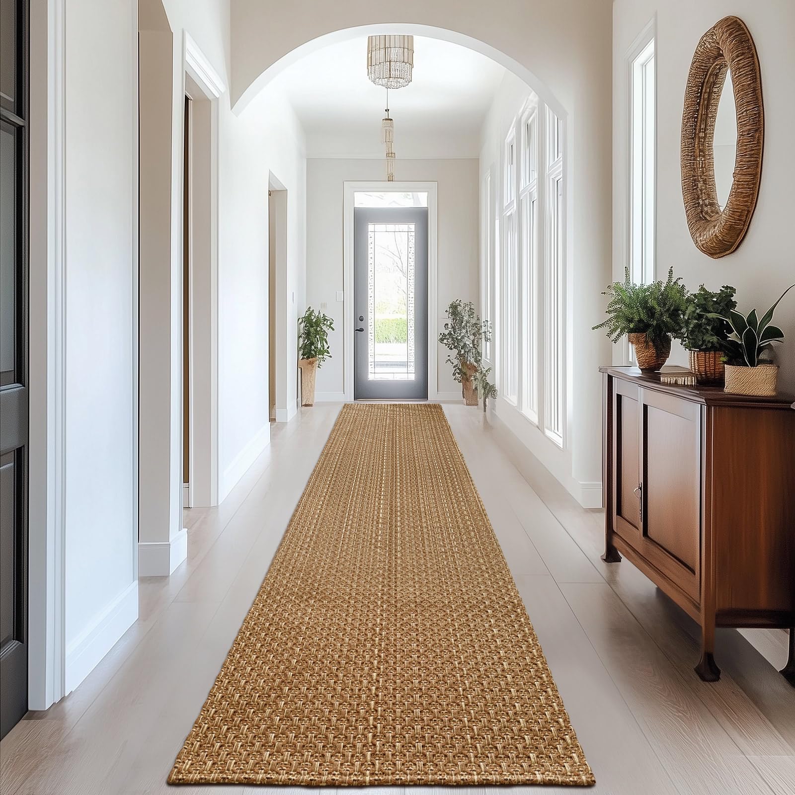 Photo 1 of Hallway Washable Runner Rug,2x10 ft Boho Braided Kitchen Rugs,Neutral Entryway Rug,Faux Jute Rug,Non Slip Indoor Farmhouse Solid Carpet for Bathroom Living Room Bedroom,Tan Brown